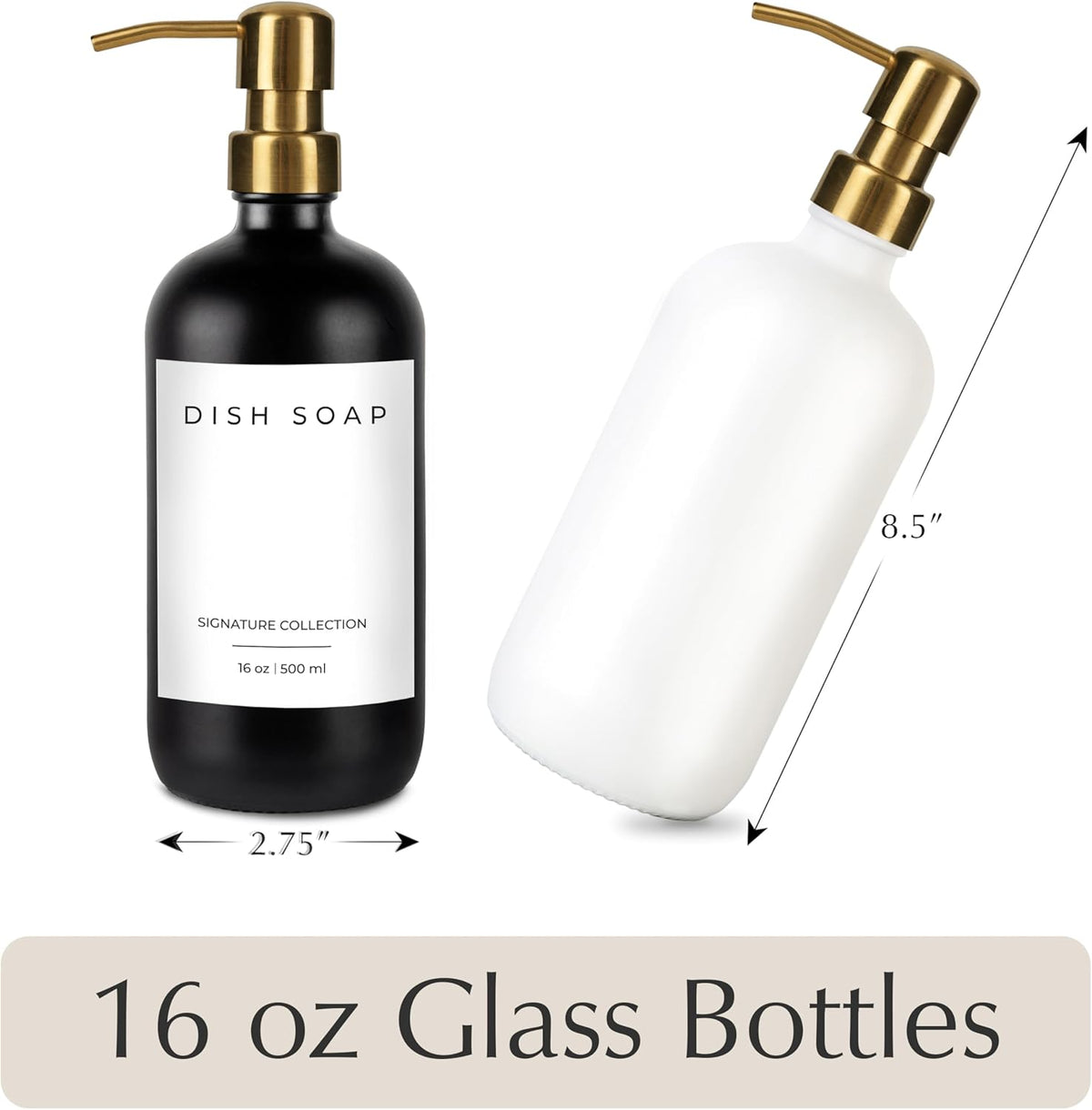 Emerson Essentials Glass Soap Bottle Dispensers, 2 Pack, Stainless-Steel Pumps Rust-Free, Hand Set for Bathroom Kitchen Sink, Liquid Lotion Shampoo Jars with 4 Waterproof Labels, 16 Oz Black/White