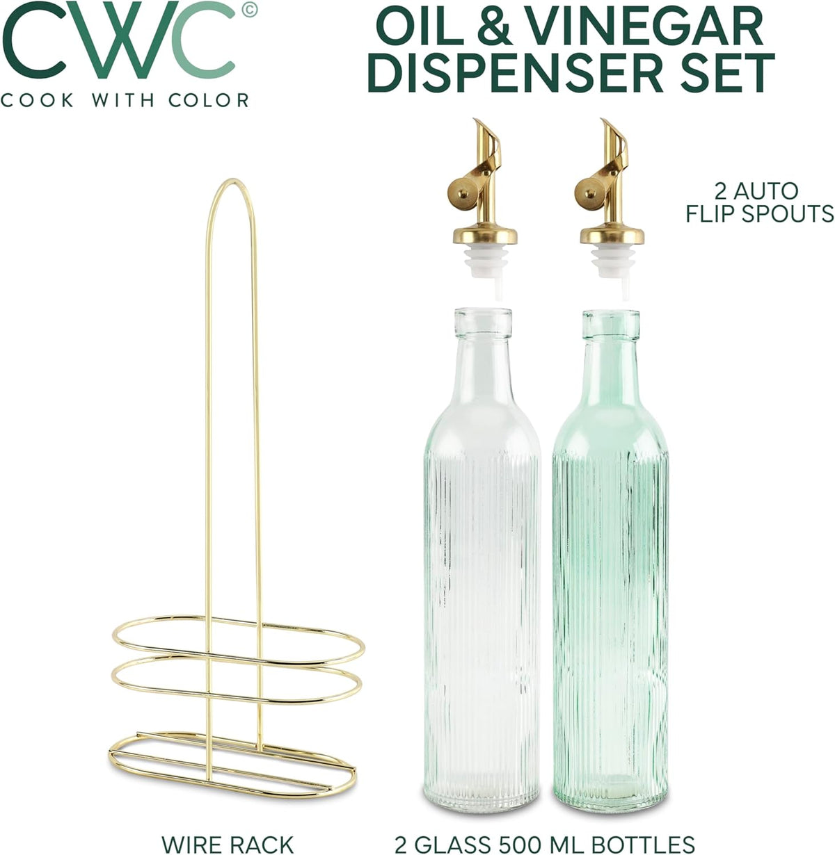 COOK WITH COLOR Glass Olive Oil Bottle Dispenser - 2 Pack- 17oz Oil and Vinegar Cruet - Olive Oil Carafe Decanter for Kitchen