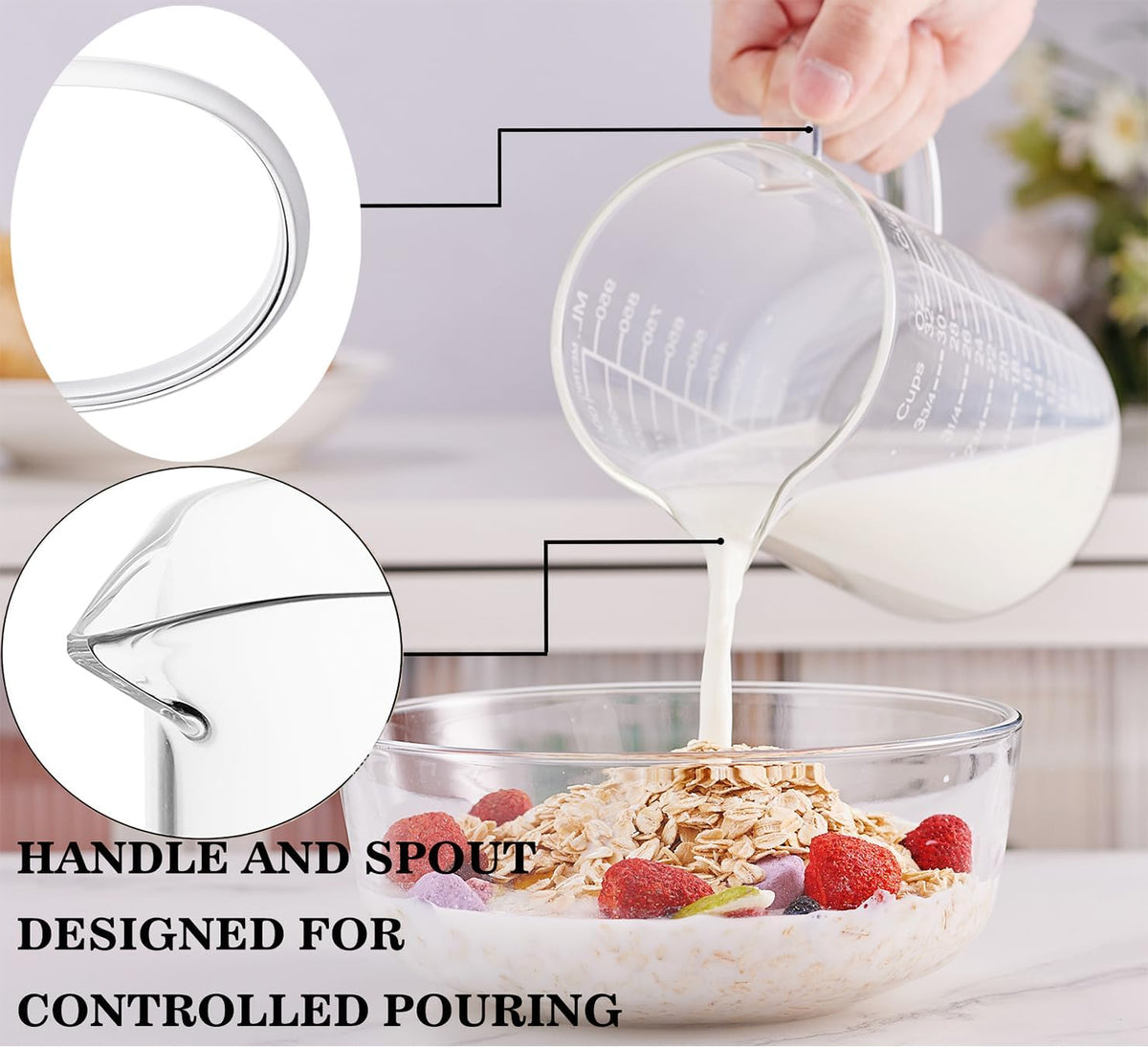 Ackers Etched Graduated Glass Measuring Cup - [Insulated Handle | V-Shaped Spout] - High Borosilicate Glass Measuring Cup for Kitchen or Dining, Easy to Read,1000 ML (32 Oz, 4 Cup)