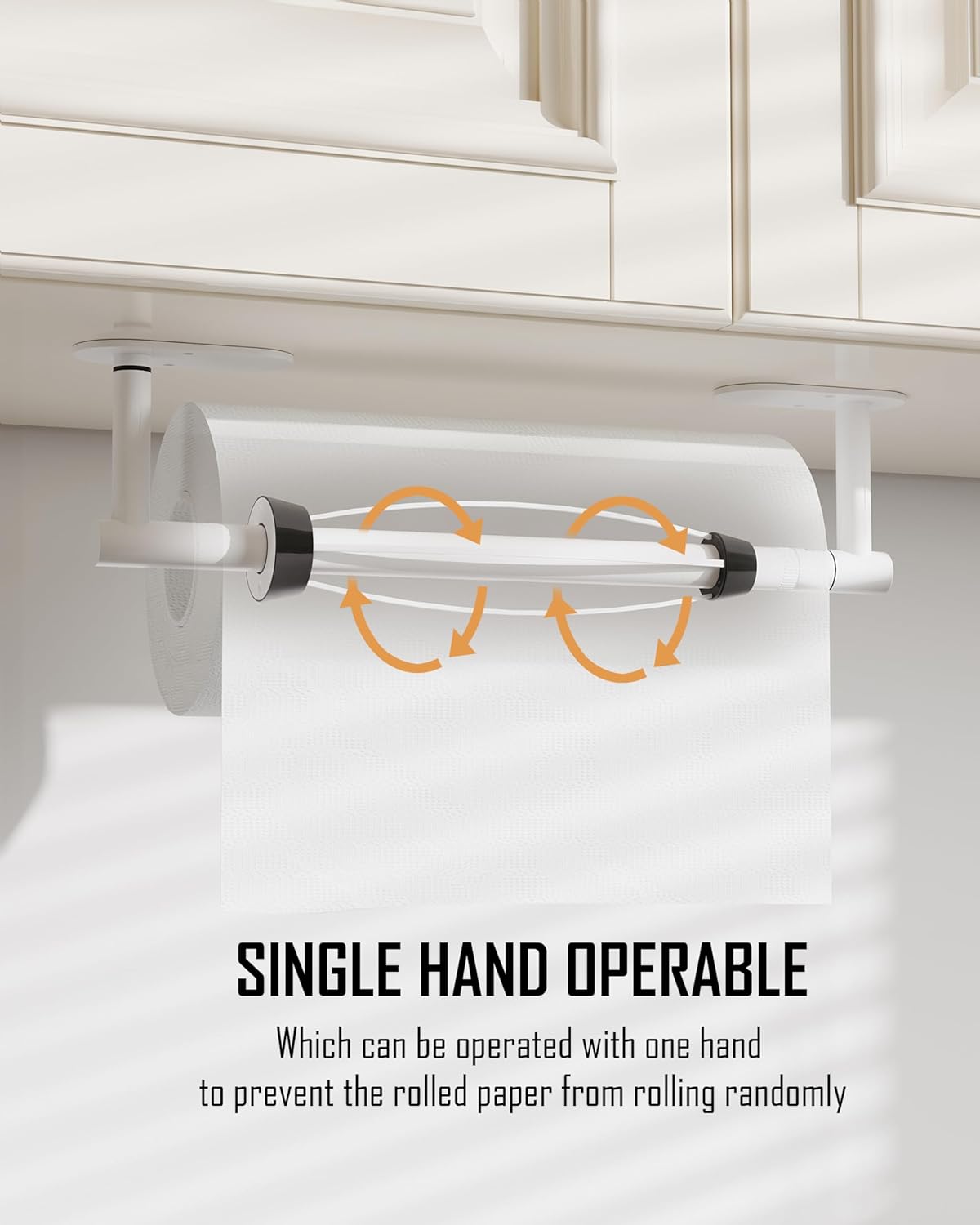 Paper Towel Holder Under Cabinet, Single Hand Operable Roll Holder with Damping Effect,No Drilling or Wall Mounted SUS304 Stainless Steel for Kitchen Bathroom (White)