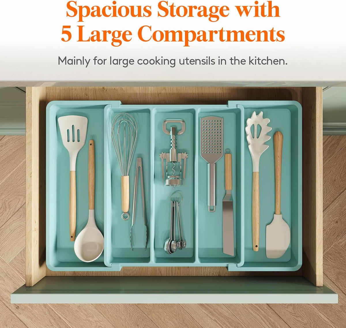 Lifewit Utensil Organizer for Kitchen Drawers, Expandable Cooking Utensil Tray, Adjustable Cutlery Silverware Flatware Holder, Plastic Spatula Tools and Gadgets Storage Divider, Large, Turquoise