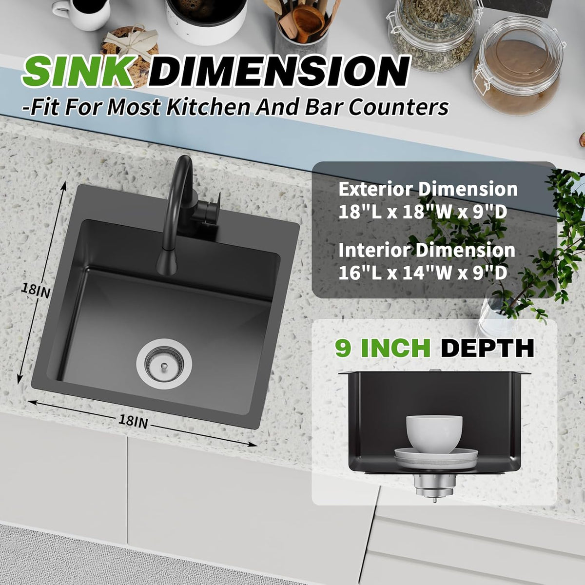 Black 18x18 In Drop In Kitchen And Bar Sink- Stainless Steel Single Bowl Kitchen Sink Modern Topmount Bar Sink With Silicon Mat,Drain Strainer Set Compatibility With Various Kitchen & Bar Style