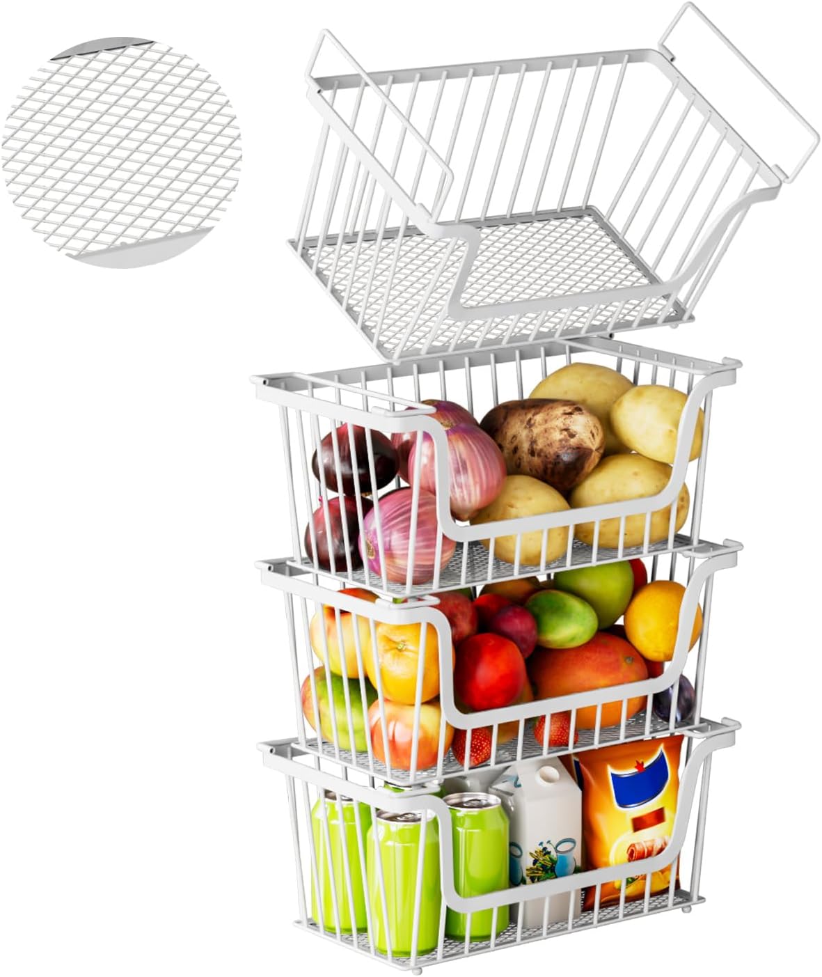 Enhanced Leak-Proof Bottom Stackable Wire Baskets, 4 Pack Pantry Organizers and Storage, Pantry Storage，Shelf Baskets, Fruit Basket, Potato and Onion Storage Bins，(White)