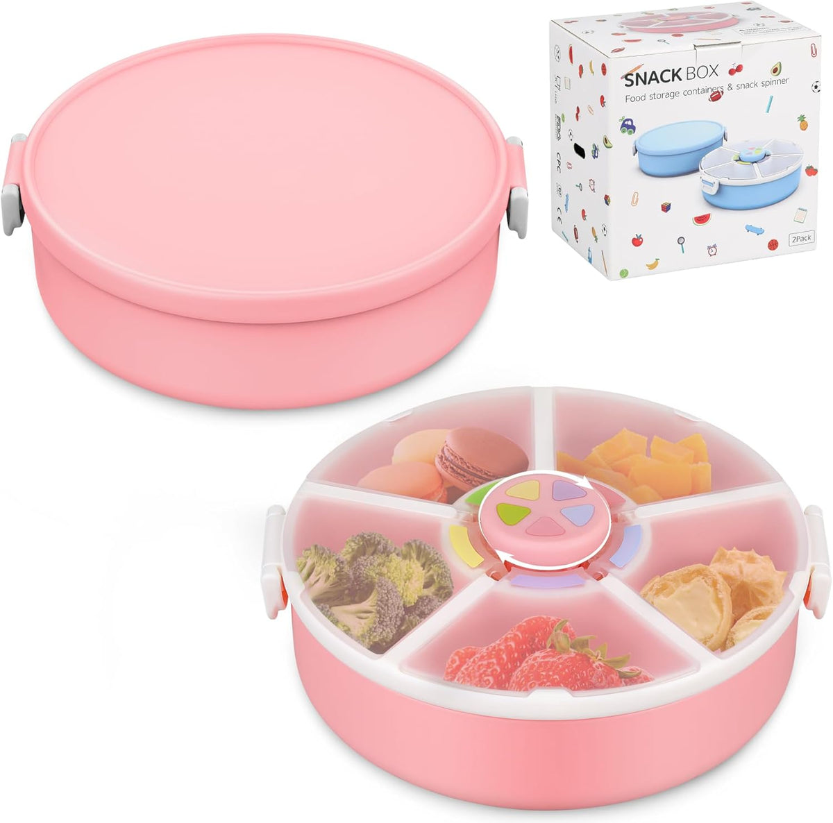 Snack Spinner Set for Kids – 2-Pack, Includes Rotating Snack Container & Classic Sectioned Snack Box, BPA-Free, Dishwasher Safe, Perfect for Travel, Pink