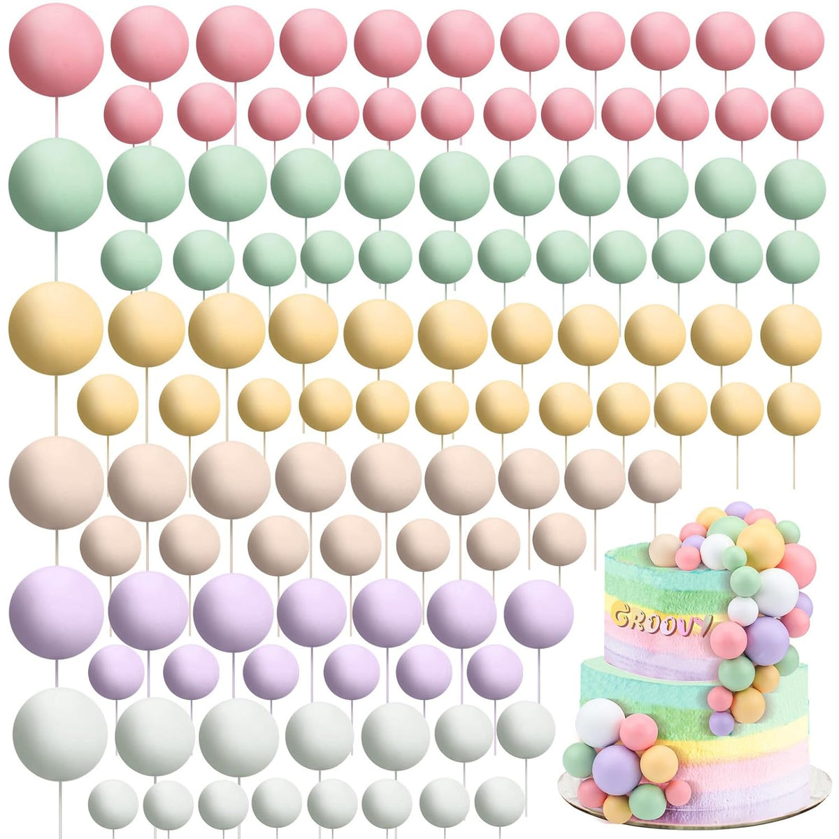 108 Pcs Balls Cake Topper DIY Cupcake Insert Foam Balloons for Cake Baking Wedding Anniversary Birthday Decoration(Vivid Colors,Multi Sizes)