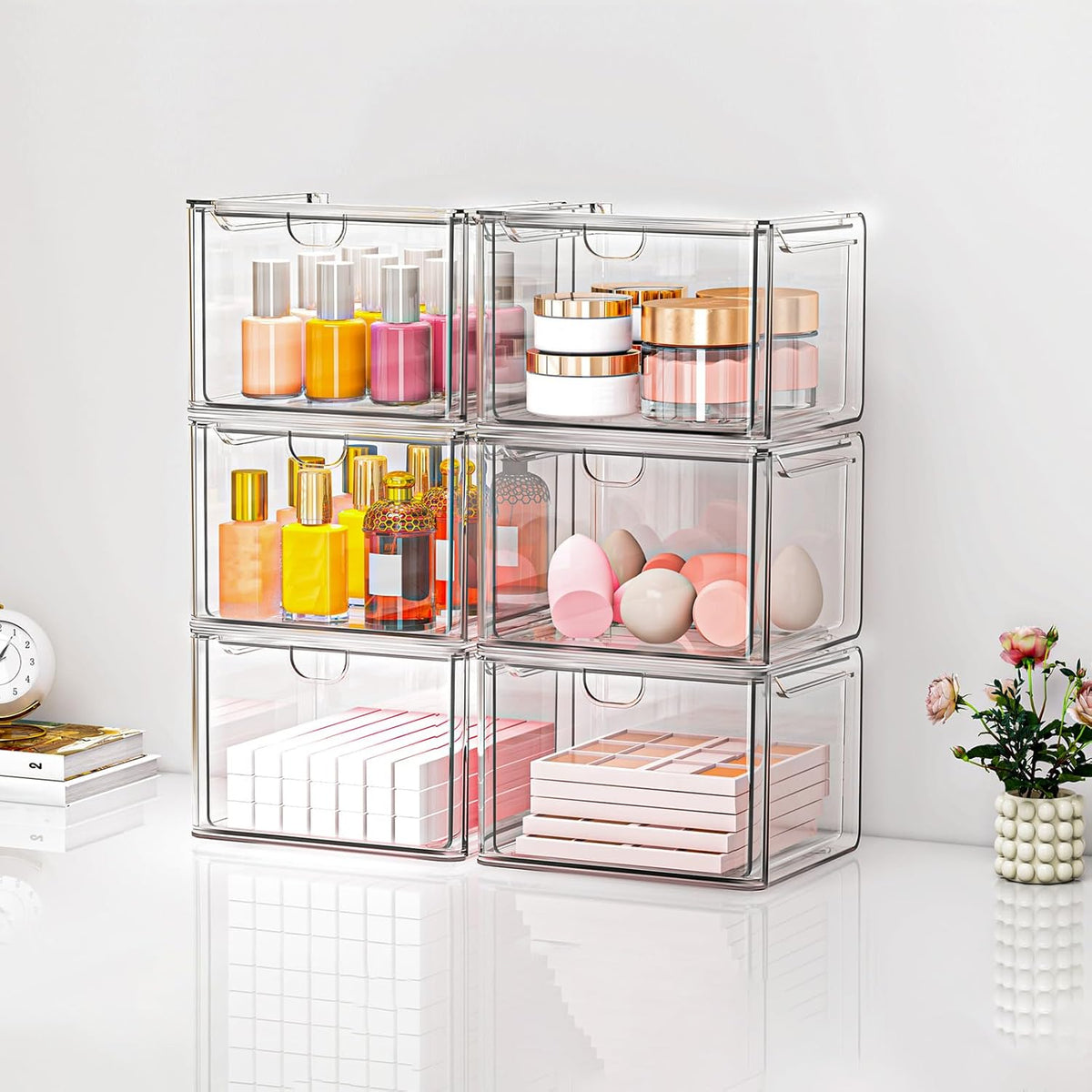 Acrylic Storage Drawers Set of 6, Clear Makeup Organizer, Plastic Organizer Bins for Beauty Supplies,Ideal for Vanity, Bathroom,Cabinet,Pantry Organization