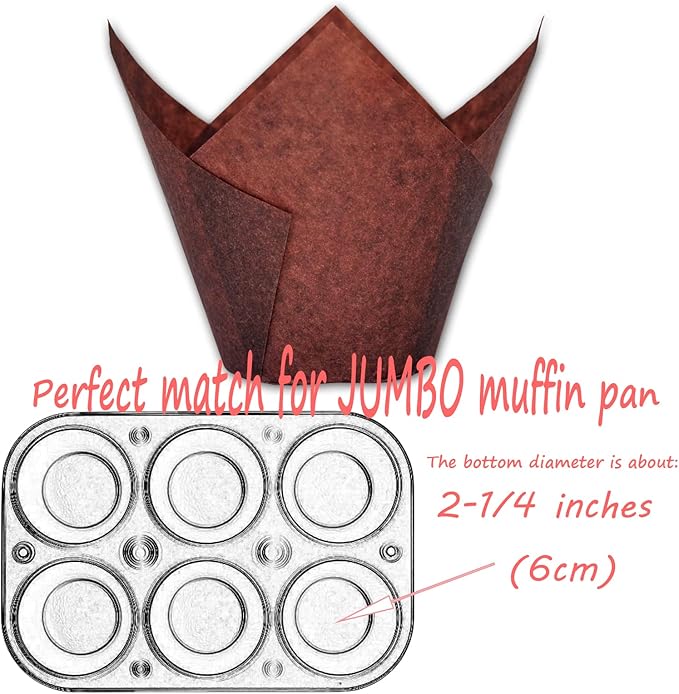 Jumbo Extra Large size Brown Tulip Baking Cups 2-1/4"(Base diameter) x 3-3/4"(Wall height) Greaseproof paper baking cupcake Muffin liners, Case of 130 pcs