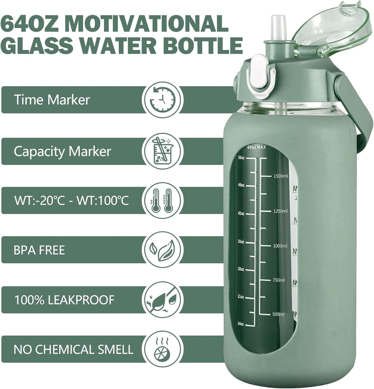 kytffu 64oz Glass Water Bottles with Straw, Half Gallon Motivational Glass Bottle with Silicone Sleeve and Time Marker, 2L Leakproof Large Glass Water Jug for Gym Home Office,olive