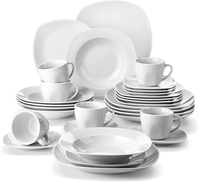 MALACASA 30 Piece Porcelain Dinnerware Set, Grey White Dish Set for 6, Square Ceramic Dishware Sets, Chip and Scratch Resistant Plates and Bowls Sets, Cups and Saucers, Series ELISA