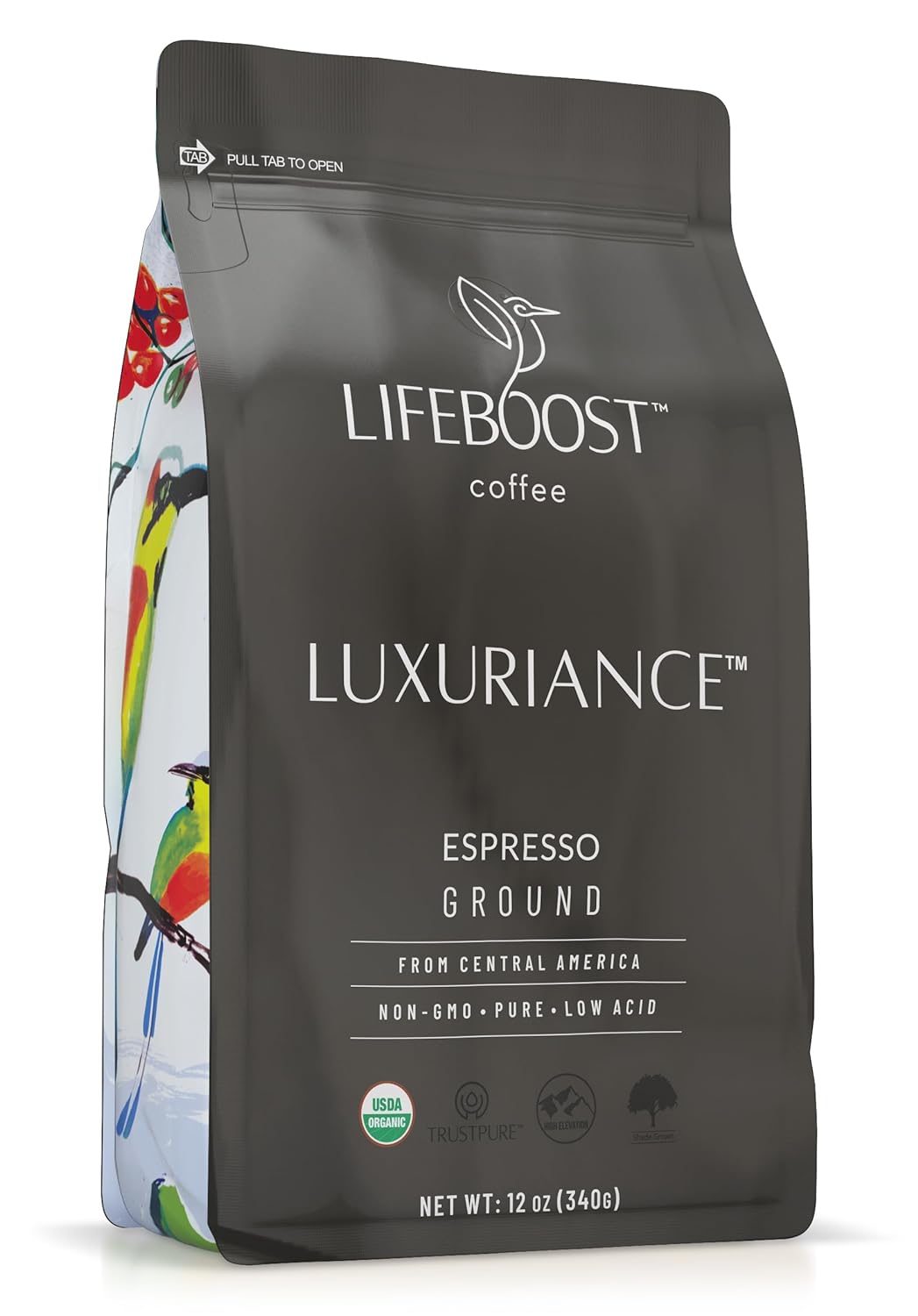 Lifeboost Organic Espresso Ground Coffee - Non-GMO Low Acid Single Origin USDA Shade Grown Organic Espresso Coffee - Third Party Tested For Mycotoxins & Pesticides 12oz Bag