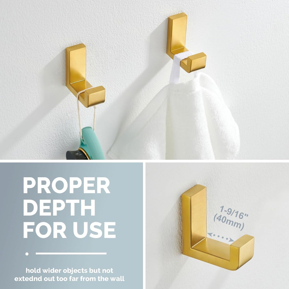 Angle Simple Towel Hook Brushed Gold 2 Pack, 304 Stainless Steel Robe Hook for Bathroom