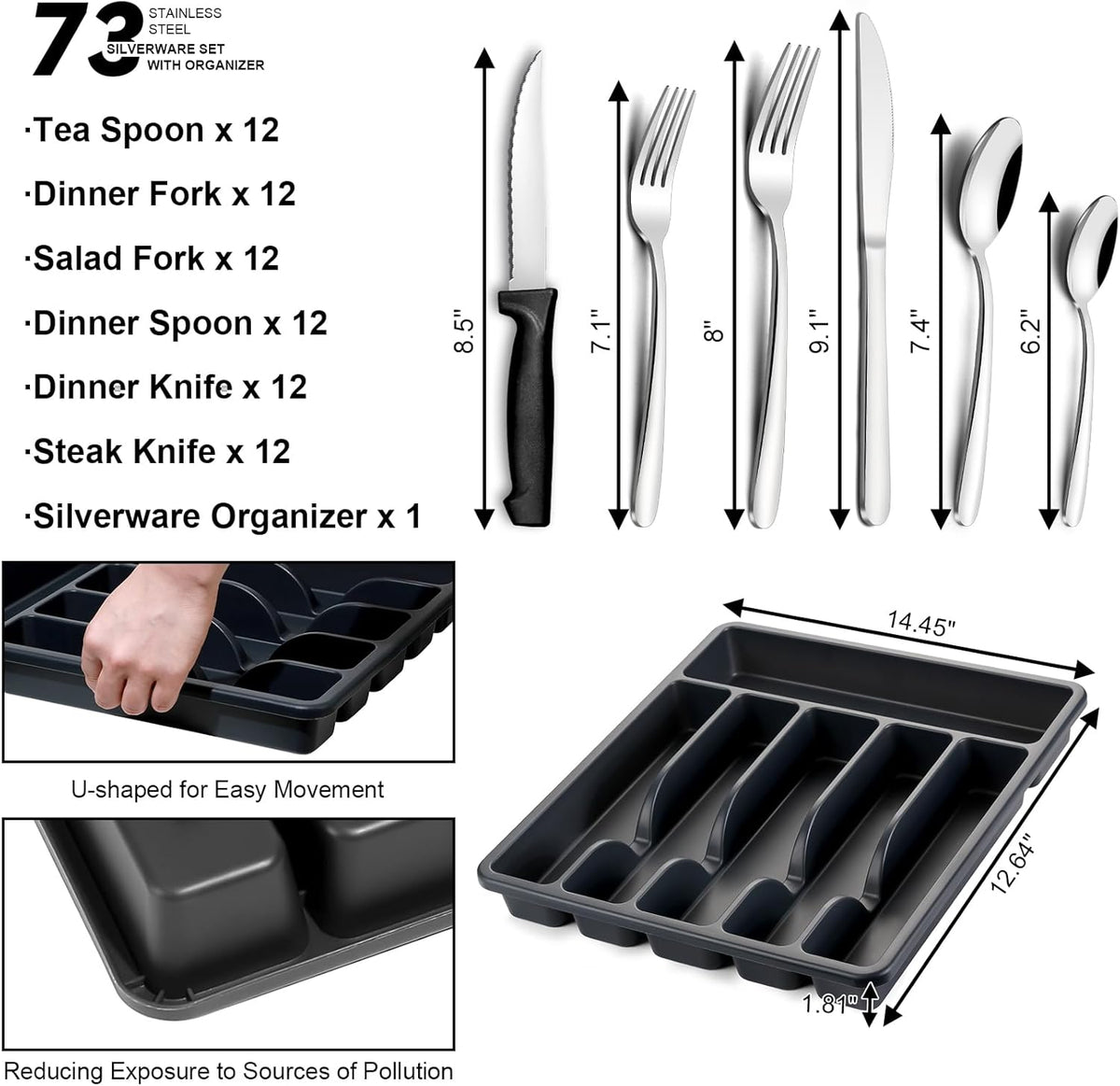 Pleafind 73-Piece Silverware Set with Organizer, Stainless Steel Silverware Sets for 12, Cutlery Utensil Sets with Steak Knives, Include Forks Spoons Knives ＆ Silverware Organizer, Dishwasher Safe