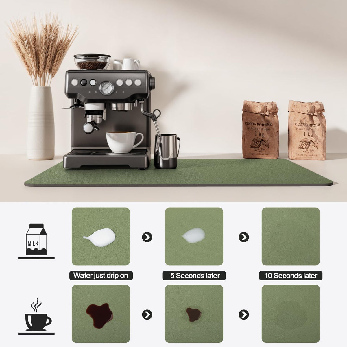 Dish Drying Mat for Kitchen Counter | Coffee Bar Mat for Countertops | Heat Resistant Drainer Mat with Non-slip Rubber Backed | Hide Stain Kitchen Absorbent Draining Mat | Green 16"x20"
