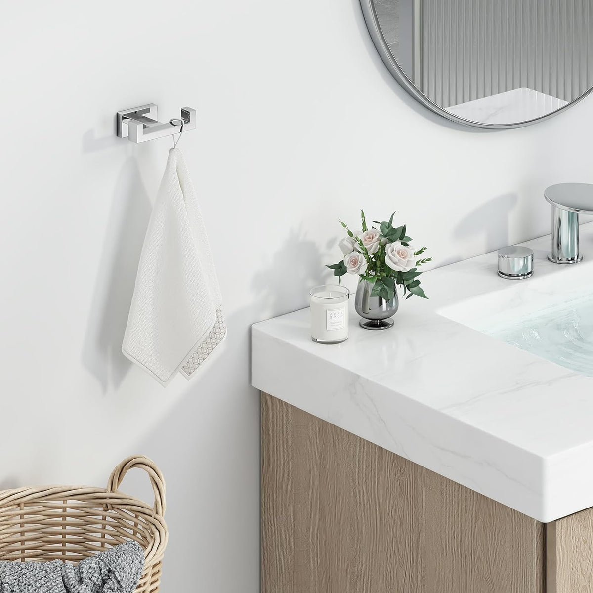 Angle Simple Bathroom Towel Hook, SUS 304 Stainless Steel Hand Towel Double Hook for Wall, Robe Coat Holder, Polished Chrome
