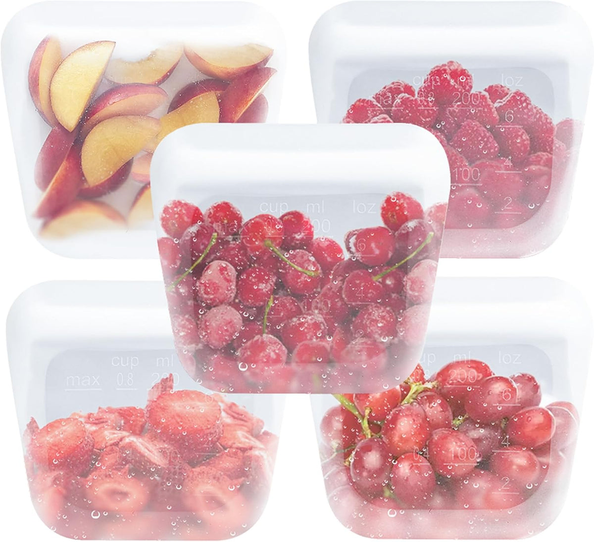 purifyou Set of 5 Reusable Silicone Storage Snack Bags 6oz / 16oz / 32oz / 64oz Self-Seal Food Storage Container for Fruits, Vegetables, Sandwiches, Dishwasher Safe & Leak-free (White, 6oz)