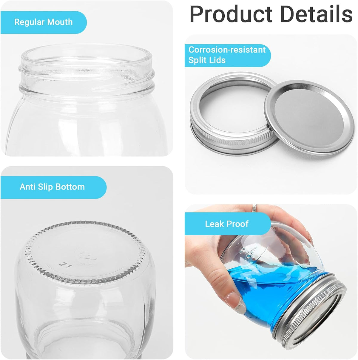 10 oz Glass Mason Jars, 24 Pack Regular Mouth Glass Canning Jars with Silver Aluminum Lids and Bands, Airtight Jam Jars for Food Storage, Pickling, Fermenting, Honey, Jelly, DIY Candles Decor