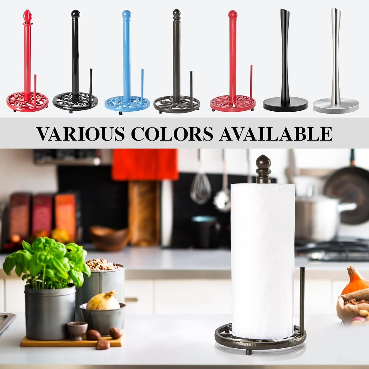 JOGREFUL Paper Towel Holder Stand, Cast Iron Kitchen Paper Towel Countertop Vintage Stand with Weighted-Base, Bathroom Organization for Family Standard Large Size Roll Paper, Gourd Top, Coffee Gold
