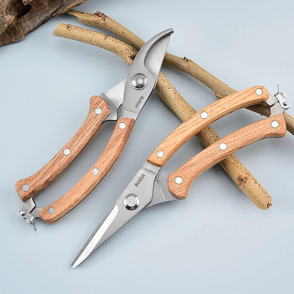 BUGUI Wood Handle Garden Shears, Long Straight Tip, All Steel Construction, Sharp, Well Designed Garden Scissors, 8"