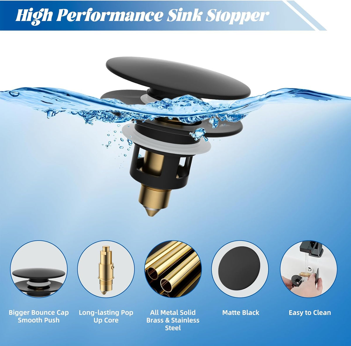 Hibbent All Metal 2 in 1 Bathroom Sink Stopper, Universal Pop Up Drain Strainer, Brass Bullet Core Push Type Sink Stopper for 1.1''~2.3'' Basin, Big Push Button, Anti Clogging Filter, Matte Black