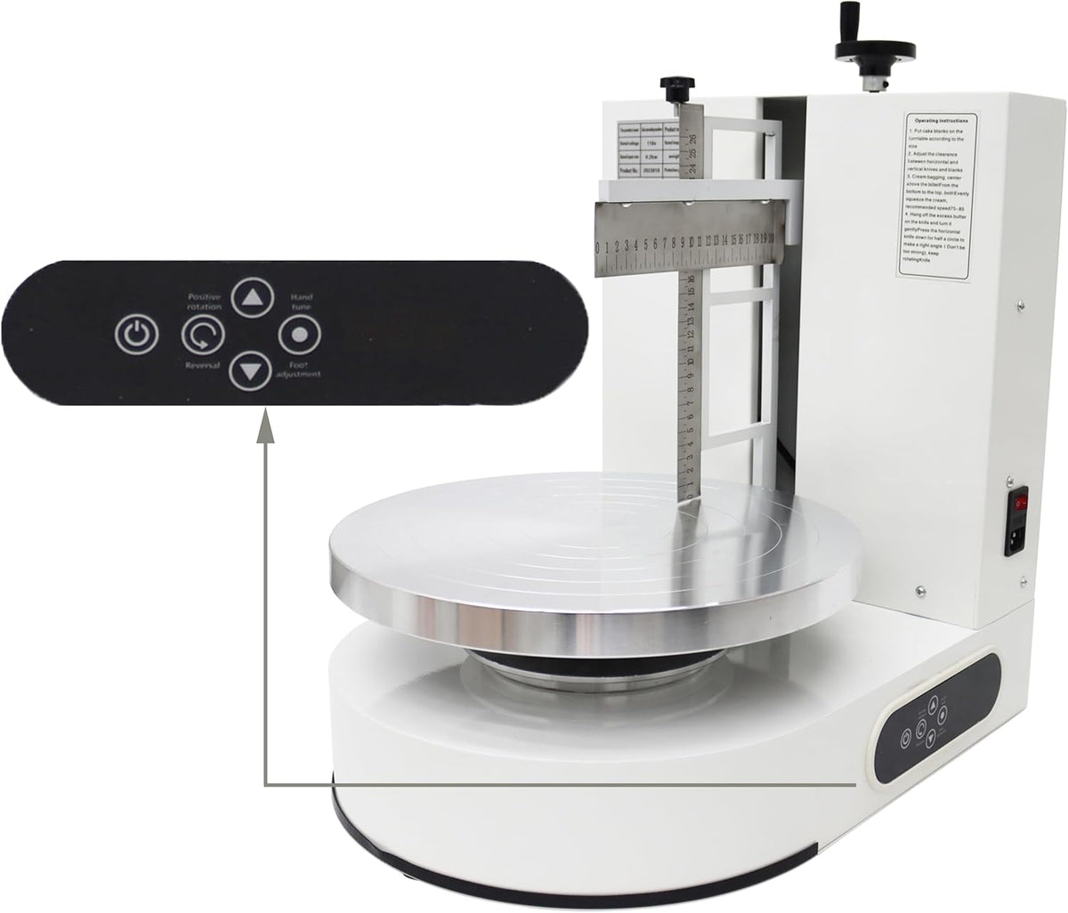 TECHTONGDA Cake Cream Spreading Frosting Icing Turntable Automatic Coating Machine with Graduated Scraper 60-320RPM Rotating Speed for 6-14inch Cakes White