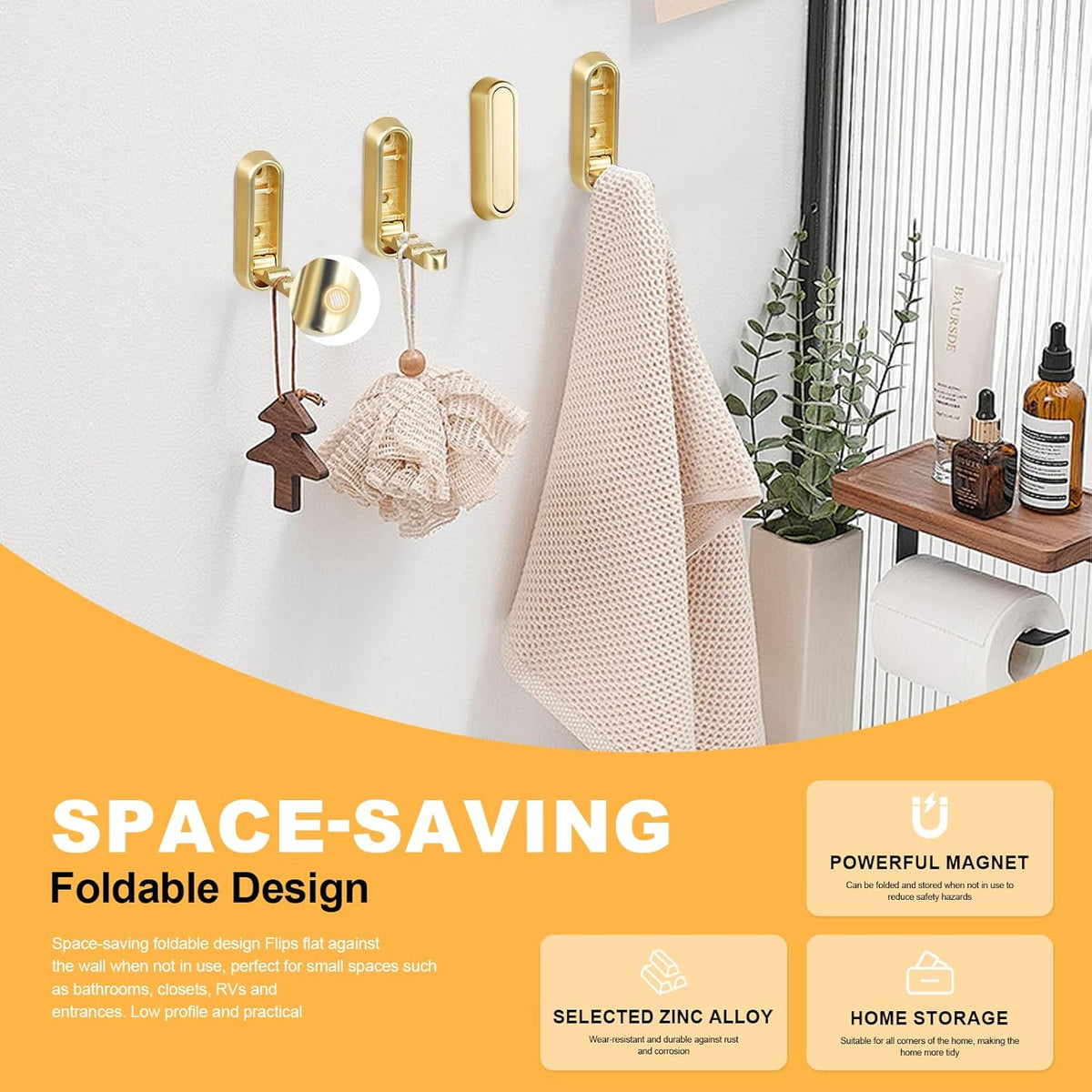 Heavy Duty Gold Folding Wall Hooks 2 Pack, Space Saving Foldable Coat Hooks for Bathroom, Closet, Entryway, Kitchen, Towel, Robe, Bag, Hat Hanging, Easy Mount, Zinc Alloy, Corrosion-Resistant ﻿