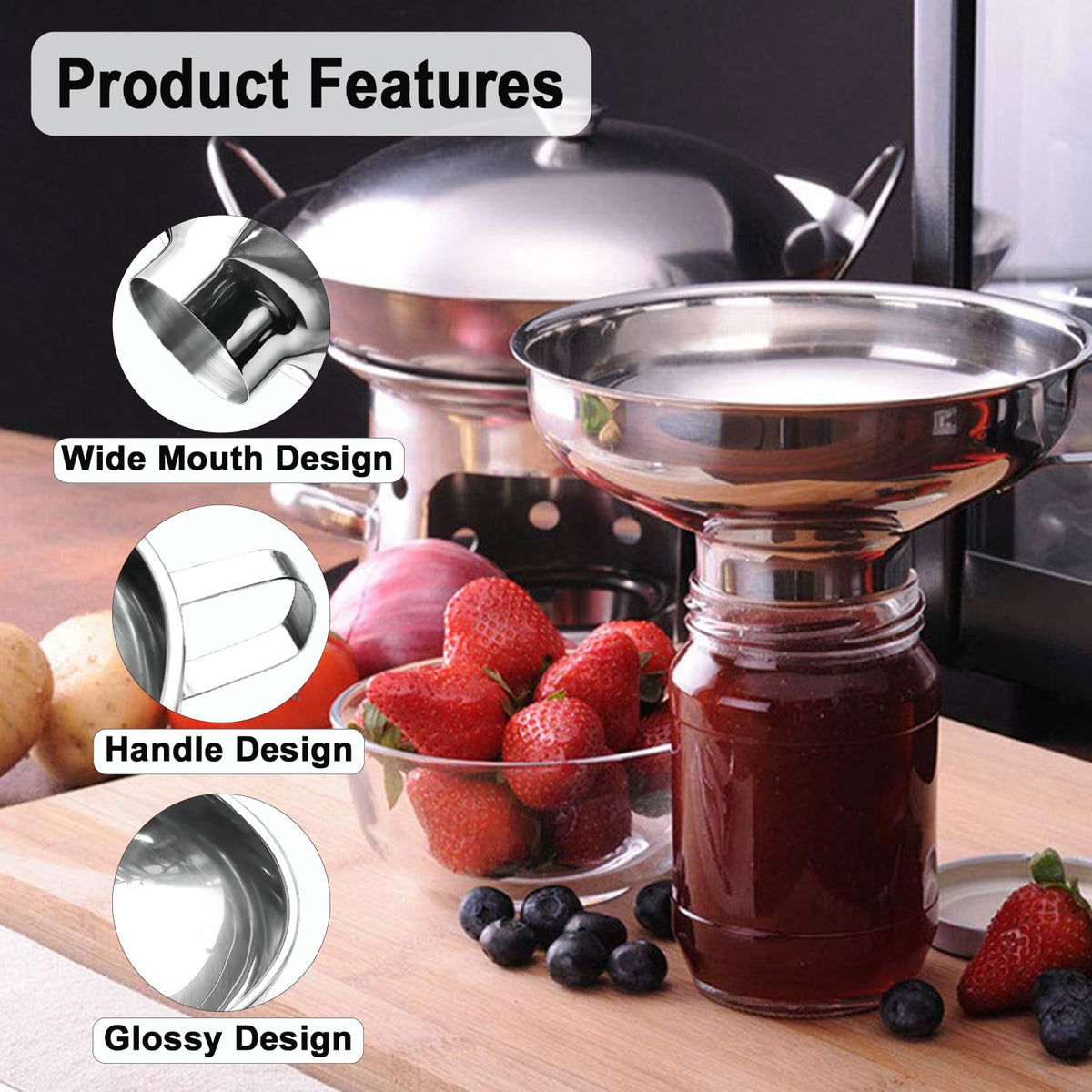 Stainless Steel Food Canning Funnels for Kitchen Use,Wide Mouth Funnel for Regular Mason Jar,Large Canning Supplies Kit for Filling Bottle(2pcs funnels,Strainer,mesh,Dispensing Funnel)