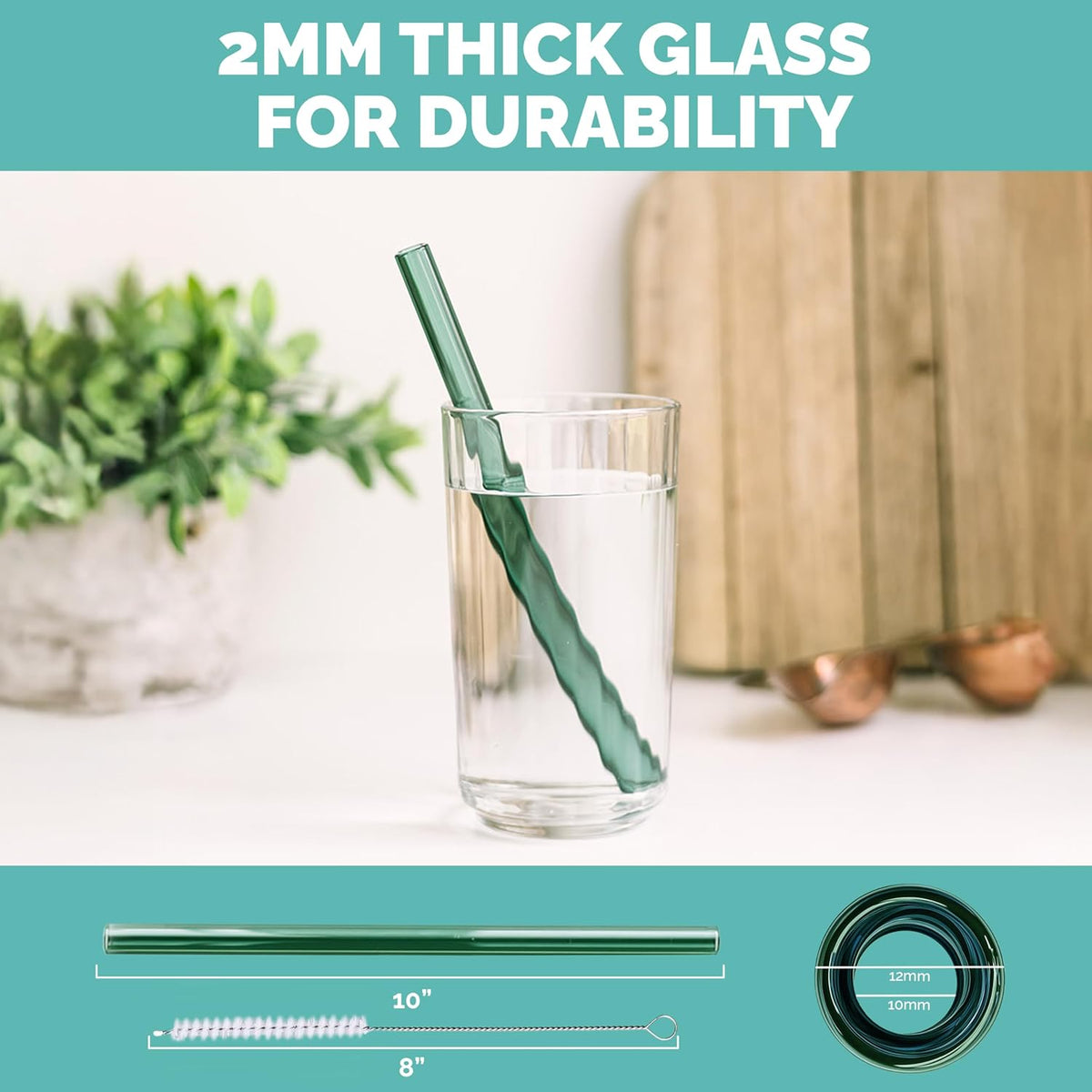 Simply Straws Wide Glass Straws (6-Pack) - 10in x 12mm Reusable Glass Smoothie Straws for Milkshakes, Juices & Slushies, with Cleaning Brush - Dishwasher Safe, Hot & Cold Use, BPA-Free (Fjord Mist)