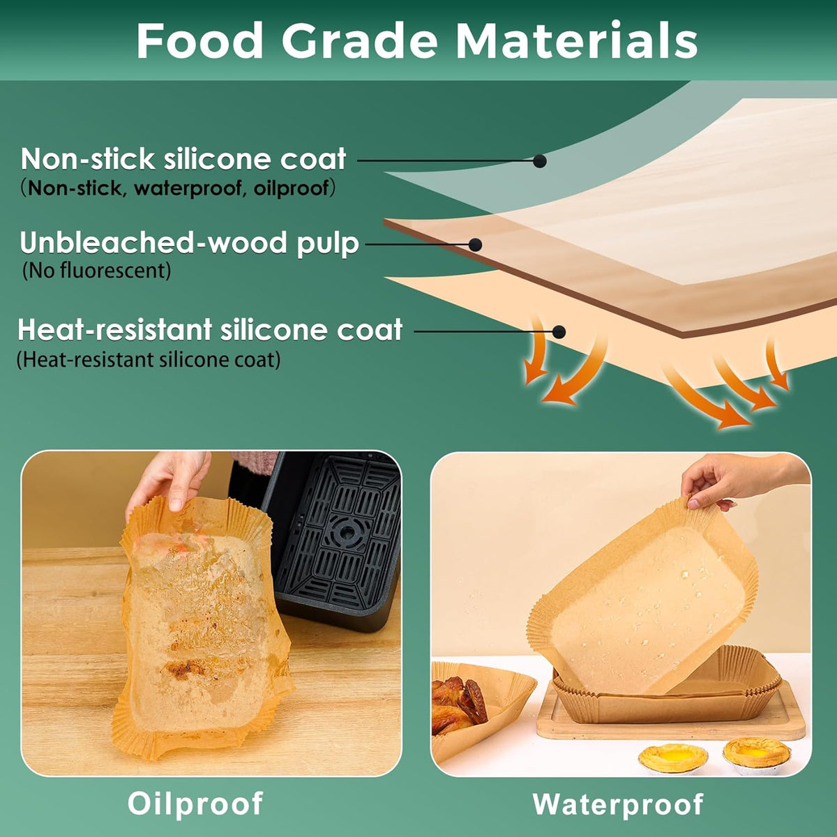 Vailnd Air Fryer Paper Liners Disposable - 50 PCS 8.6x5.5 Inch Rectangle Parchment Paper Sheets, Food Grade Baking Paper for Dual Basket Air Fryer, Oilproof, Waterproof
