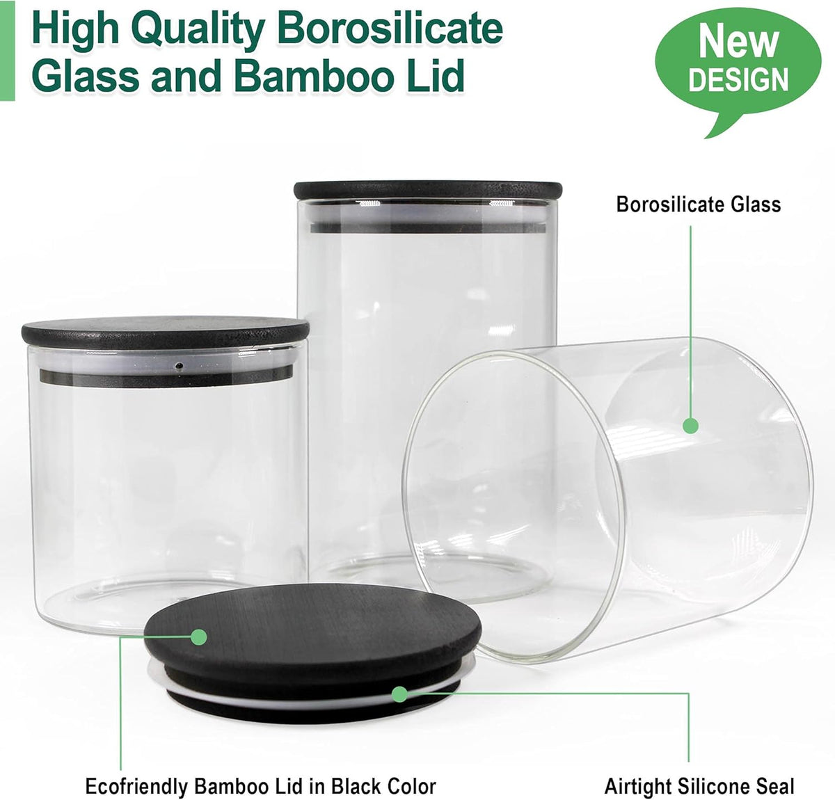 Urban Green Glass Jars with Black Bamboo Lids, Food Storage Containers with Airtight Black Lids, Glass Kitchen Canisters Sets (3 pack of 20oz + 3 pack of 30oz)