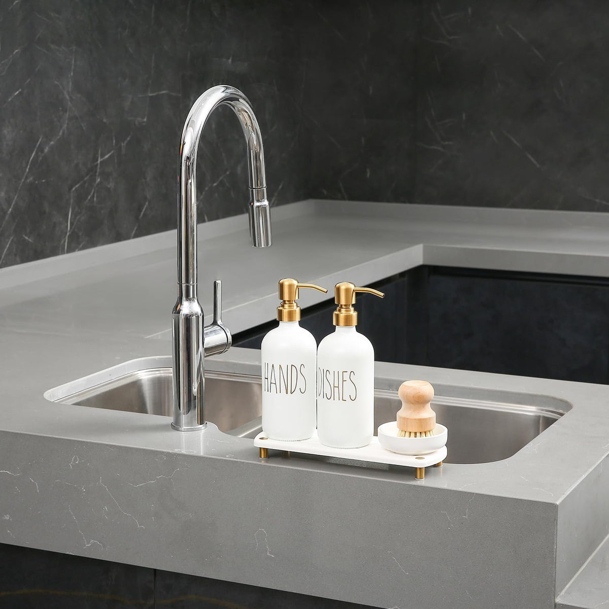 MOMEEMO Gold Soap Dispenser Set Comes with Stainless Steel Pumps, Instant Dry Tray, and Dish Scrub Brush, Suitable for Kitchen Decor and Accessories. (Gold)