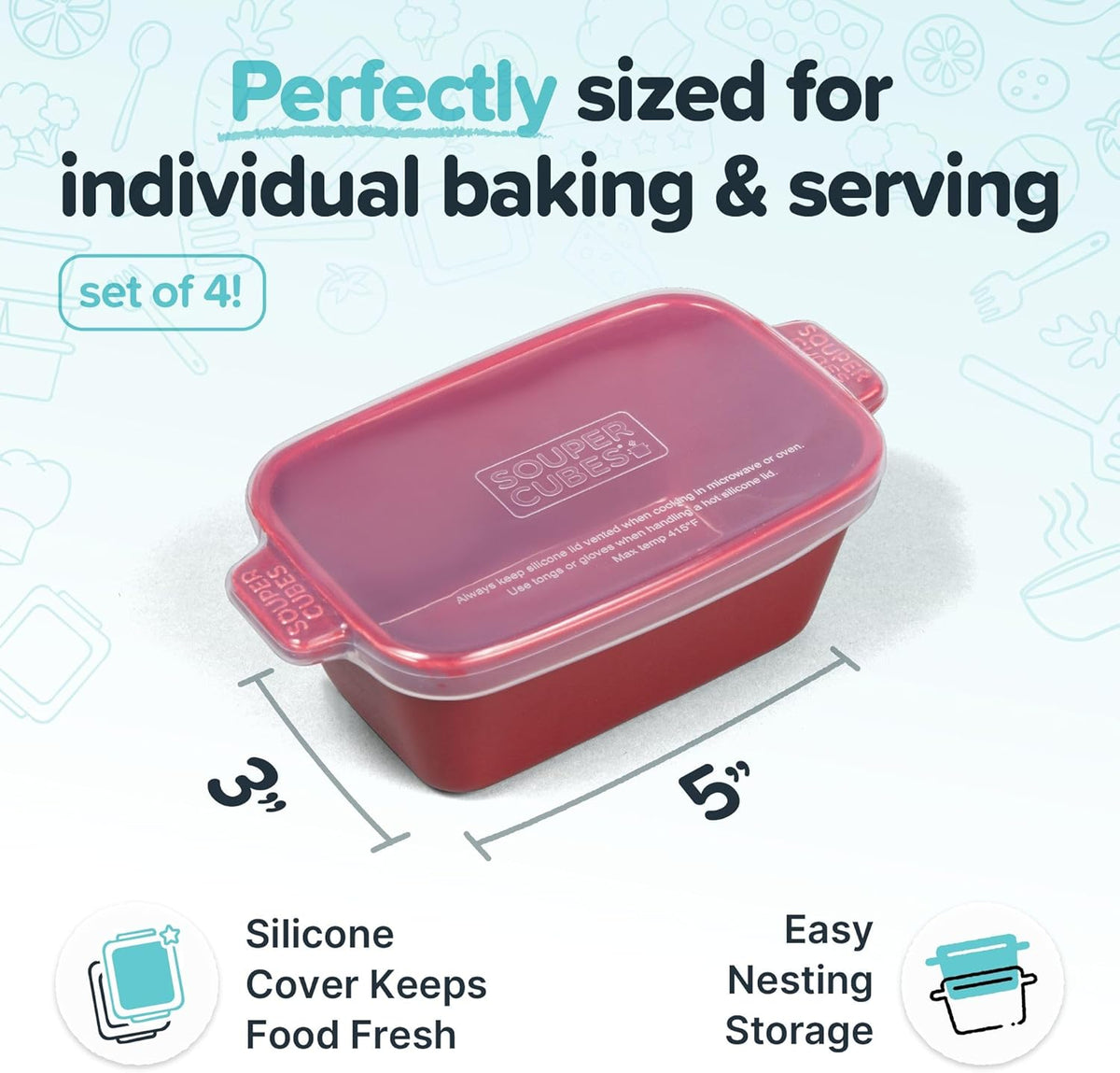 Souper Cubes Stoneware - Small Ceramic 5" x 3" Baking Dish with Silicone Covers, Small Baking Dishes for Oven Perfect for Reheating Single Serve Portions, Set of 4 - Cranberry