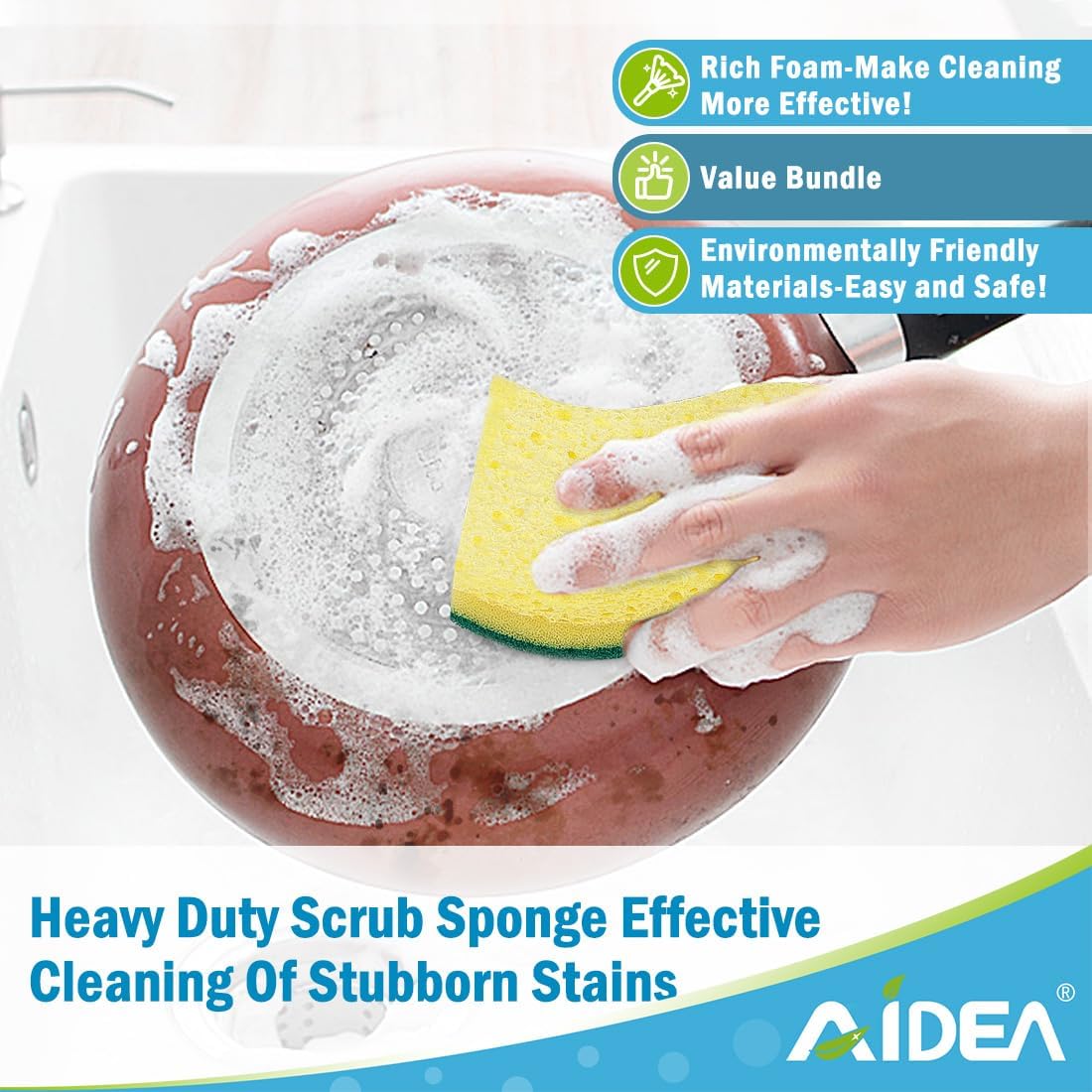 AIDEA Heavy-Duty Scrub Sponges, 12Count, Sponge for Non-Coated Cookware, Kitchen Sponges for Dishes, Scrubbing Power for Tough Messes, Cleaning Sponge for Kitchen, Bathroom, Household