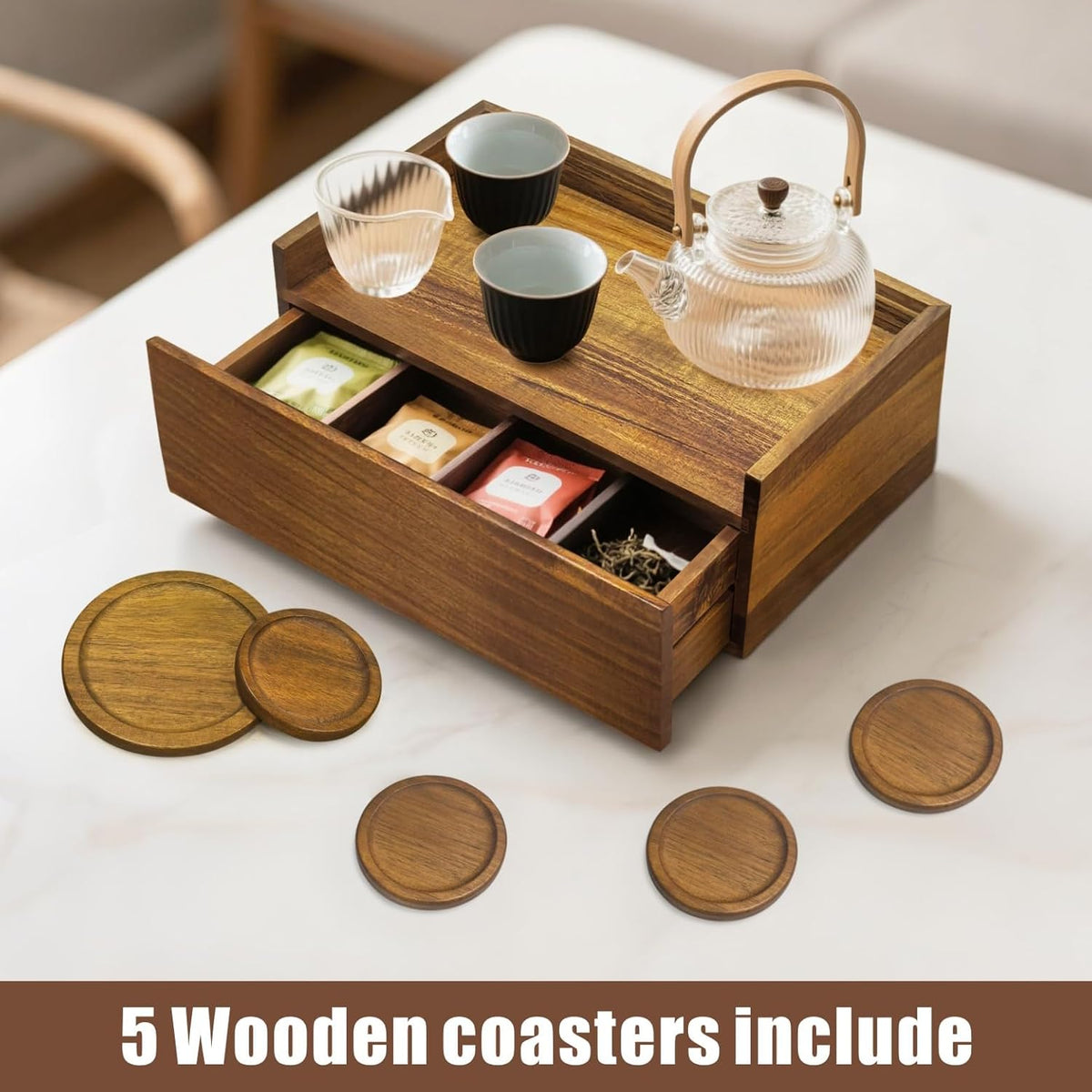 Idefair Acacia Woode Tea Box Organizer Storage Box with 5 Wooden Coasters, Tea Bags Organizer Chest Storage with Drawer, Tea Bag Box for Coffee Teabgs Countertop Display