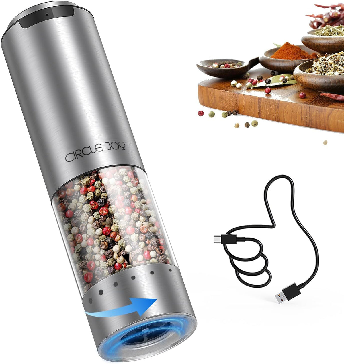 CIRCLE JOY Electric Pepper Grinder Stainless Steel Rechargeable Pepper Mill with External Adjustable Coarseness, 95ml Container and White LED Light, Silver