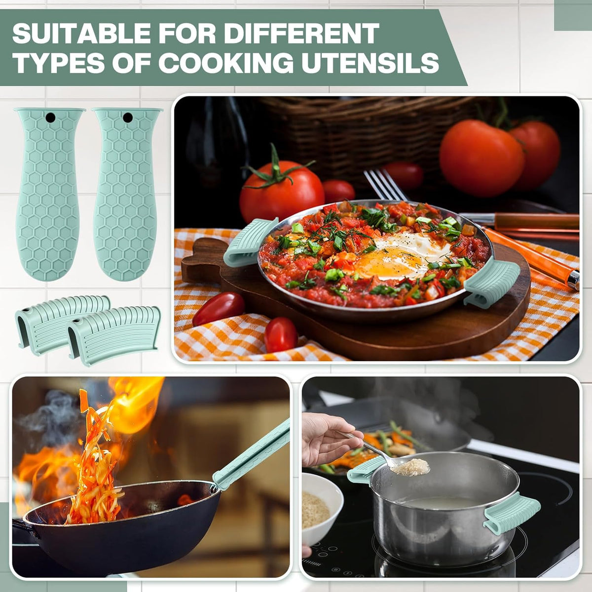 Patelai 8 Pcs Silicone Pot Holders Cast Iron Handle Cover Heat Resistant Pot Handle Covers Potholder Non Slip Reusable Pan Sleeve for Frying Pan Kitchen Supplies(Mint Green)