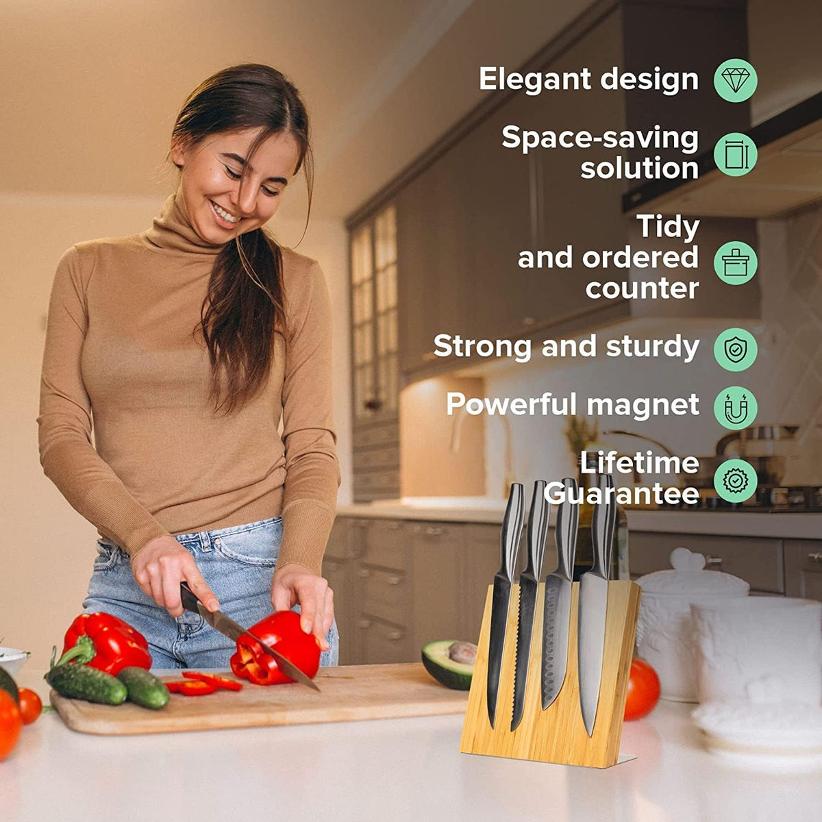 Magnetic Knife Block Without Knives By Coninx - Magnetic Knife Holder for Safe, Clean & Tidy Knife Storage - Bamboo Knife Rack Magnetic Stand for Cooking Utensils & More - Elegant Magnetic Knife Rack