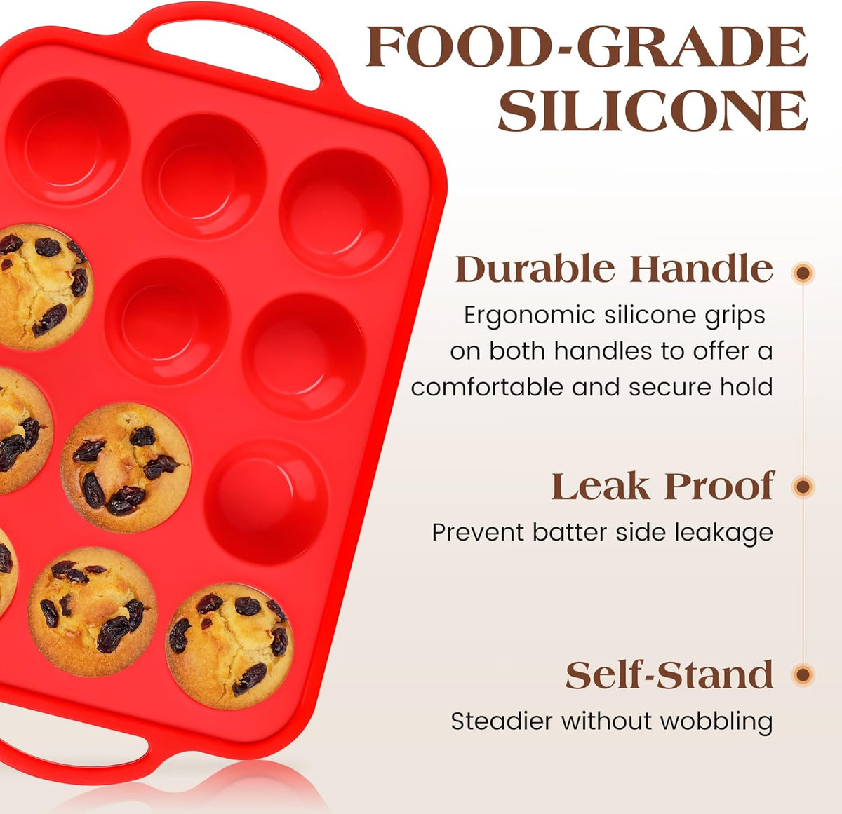 Silicone Muffin Pan for Baking 12 Cup Nonstick Cupcake Pan Small Silicone Cupcake Mold with Metal Reinforced Frame BPA Free (1 Pc, Red)