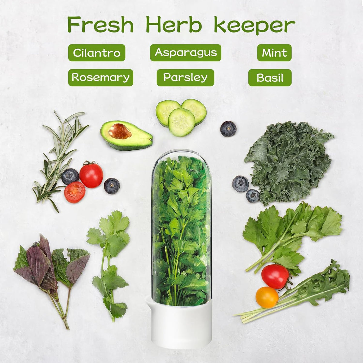 Herb Keeper for Refrigerator, Herb Saver for Refrigerator, Cilantro Container, Vegetable Preservation Bottle for Cilantro, Mint, Parsley, Asparagus, Keeps Greens Fresh for 2-3 Weeks (2PCS)