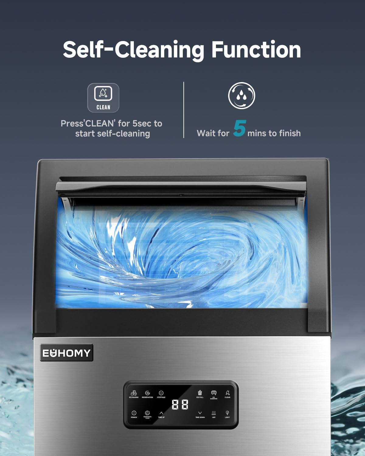 EUHOMY Commercial Ice Maker,100lbs/24H,Stainless Steel Under Counter Ice Machine with Water Filter,33lbs Storage Capacity, 45 Cubes in 8-12 Mins, Freestanding Ice Machine for Home/Bar/Cafe/Restaurant