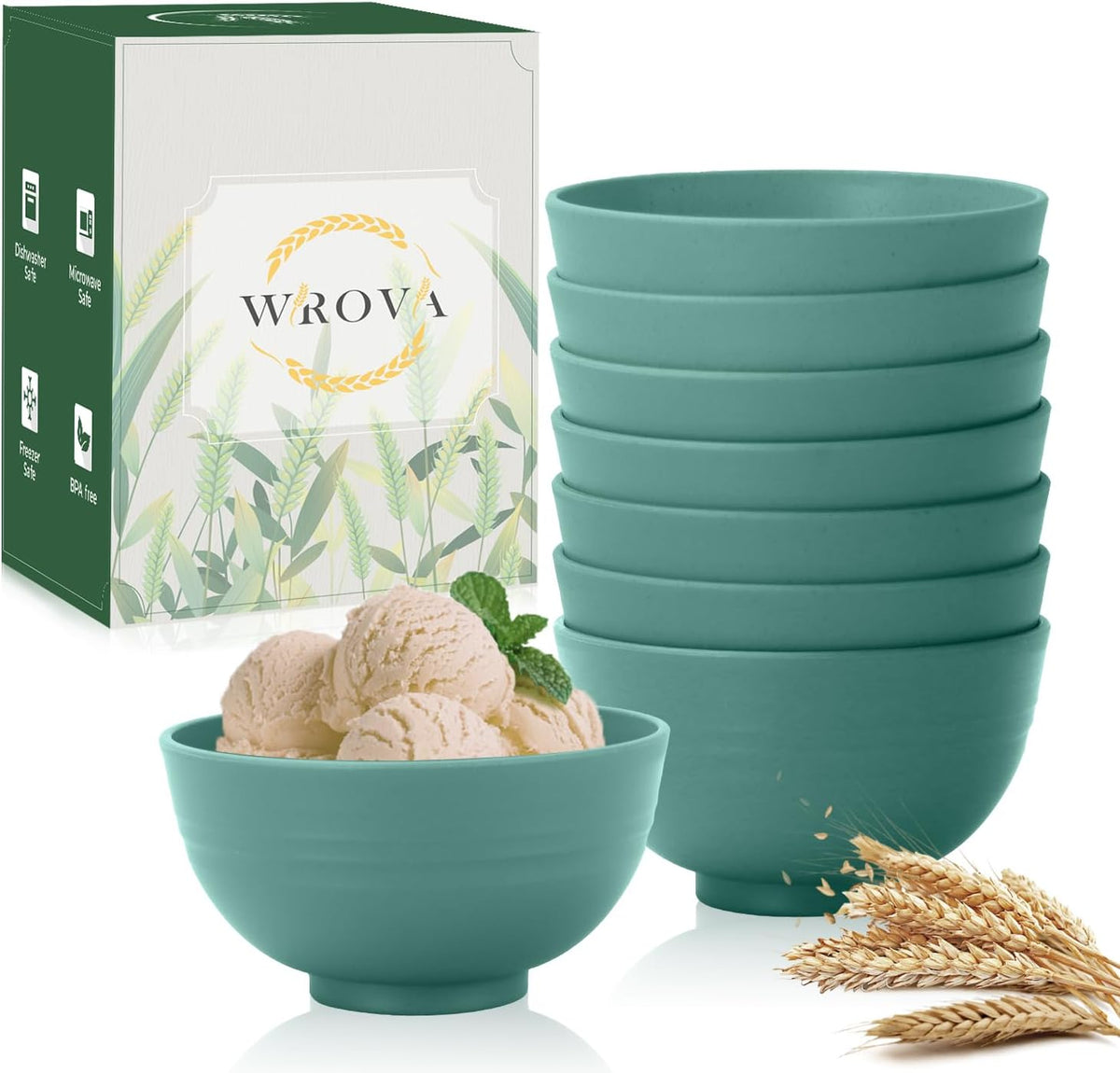 wheat straw snack bowls 10oz set of 8 - Unbreakable Dessert Bowls Dishwasher Safe - Small Handy Bowls for Ice Cream,Yogurt and Fruits. Green