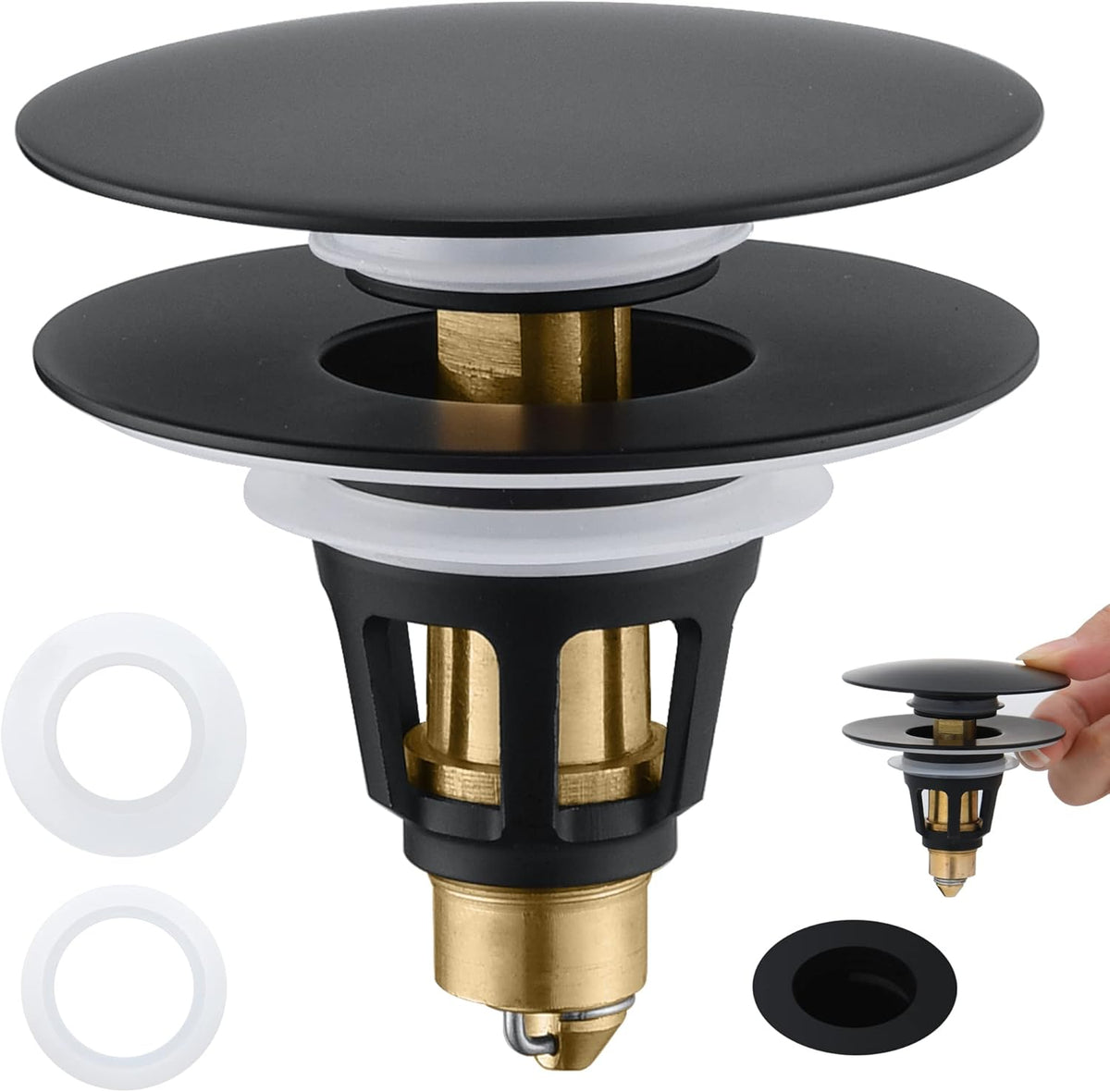 Universal Bathroom Sink Stopper - Pop Up Sink Drain Stopper, Push Button Flixfilter Sink Drain Stopper Replacement, Wash Basin Drain Filter Plug Anti-Clogging Basket, Matte Black