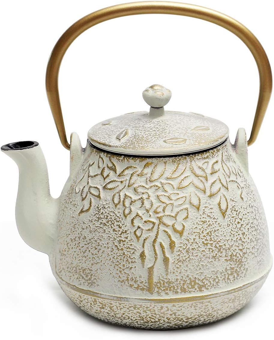 Tea Kettle, TOPTIER Japanese Cast Iron Teapot with Infuser for Loose Leaf and Tea Bags, Stovetop Safe Cast Iron Tea Kettle Coated with Enameled Interior for 40 oz (1200 ml), Beige