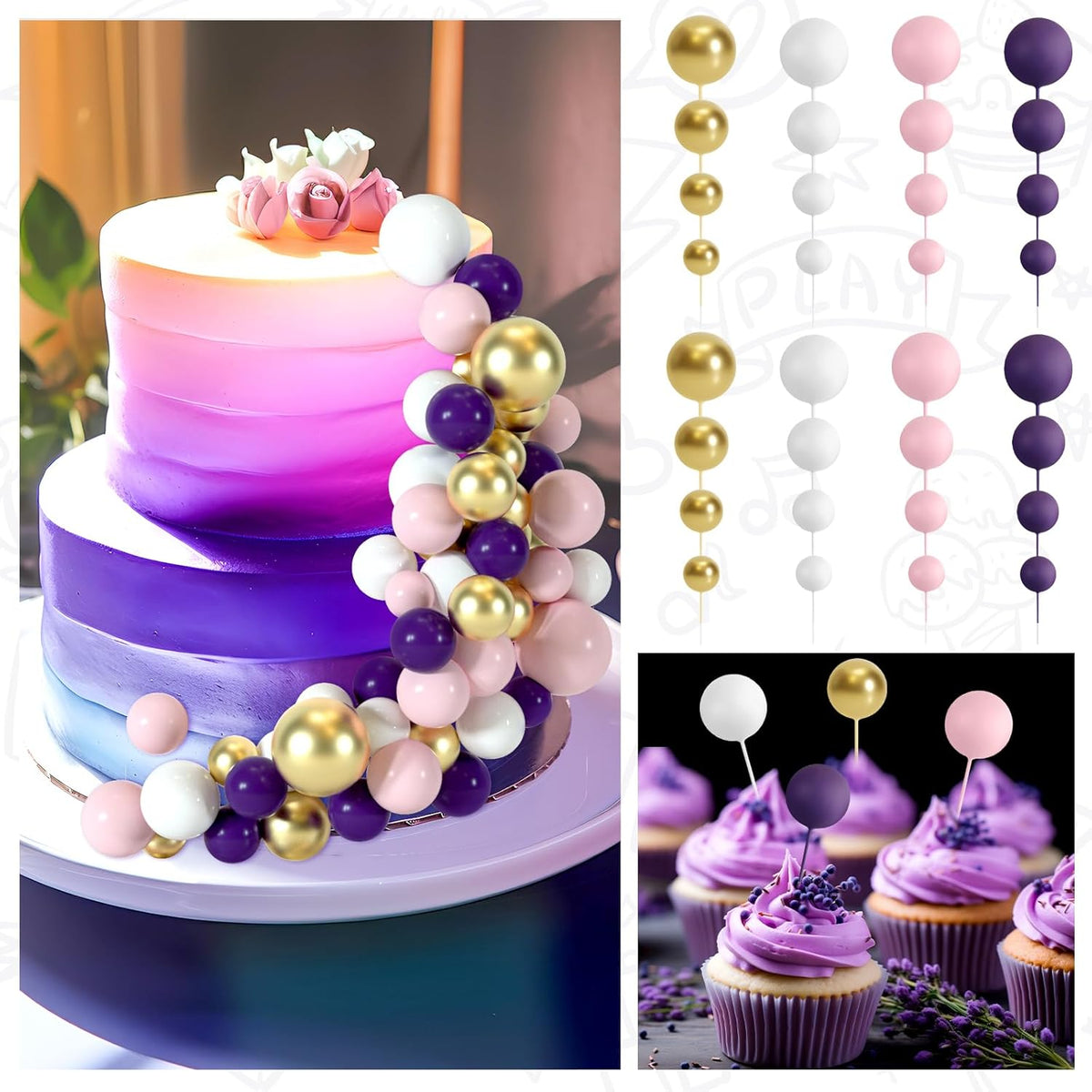 48 Pcs Balls Cake Topper Decorations Balloon Cupcake Toppers Foam Cake Topper Balls Cake Balls Decorations for Birthday Party Wedding Anniversary Cake Decorating (Pink, Purple, White, Gold)