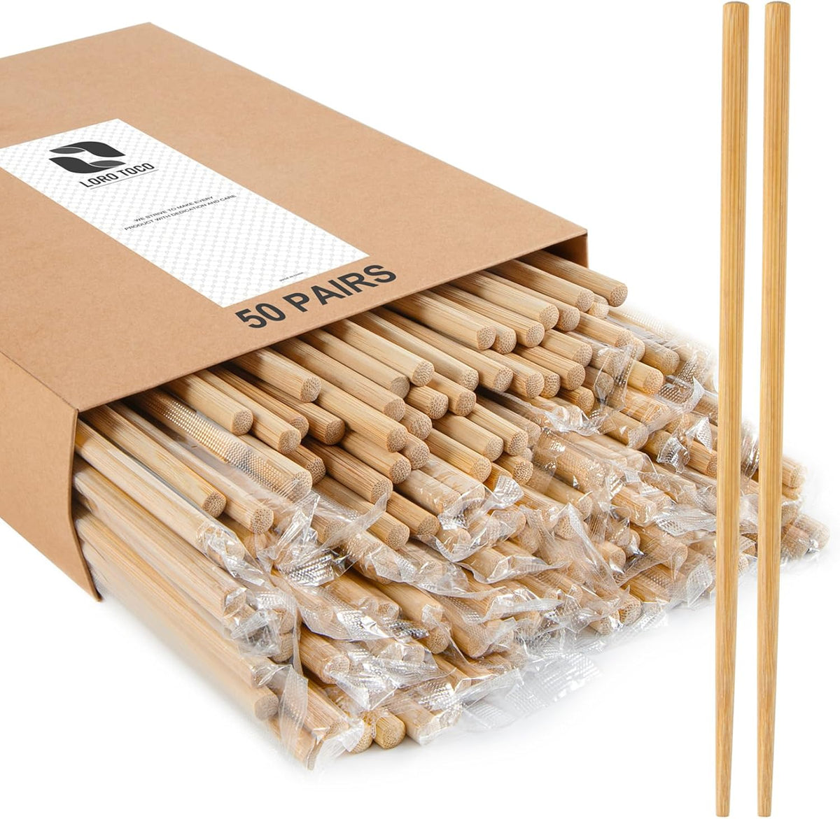 50 Pairs Chopsticks Disposable Reusable 9.5" Individually Wrapped Bulk Premium Quality
