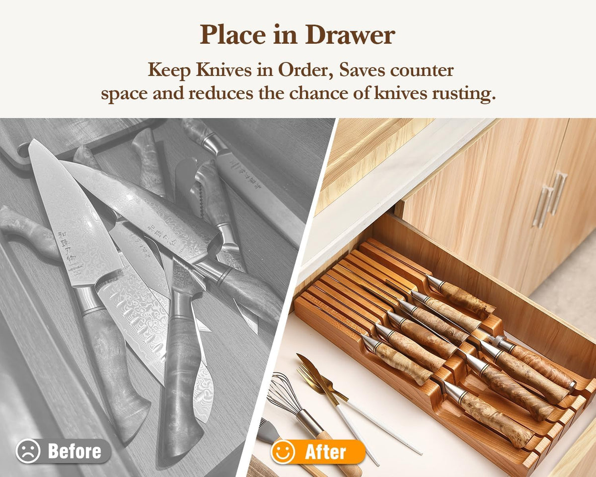 HEZHEN 11-slots Cherry Wood In-drawer Knife Tray,Knife Holder, Knife Block without Knives, Fit for 10 Knives and 1 sharpening rod