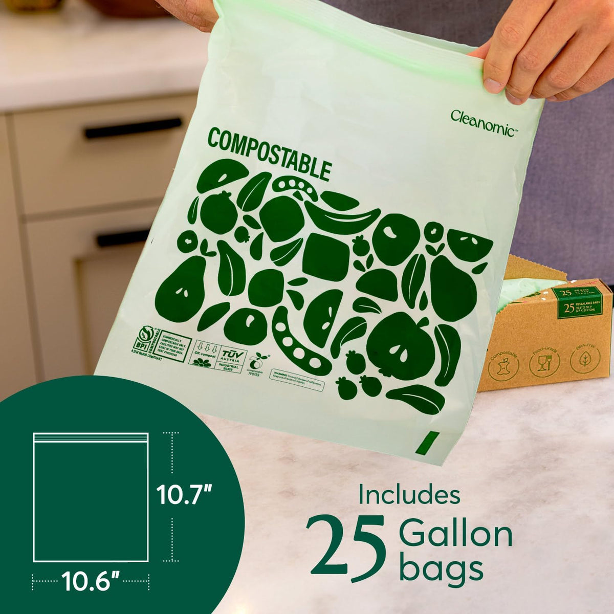 CLEANOMIC Compostable* Food Storage Bag Bundle - Gallon, Quart, Sandwich and Snack Sizes