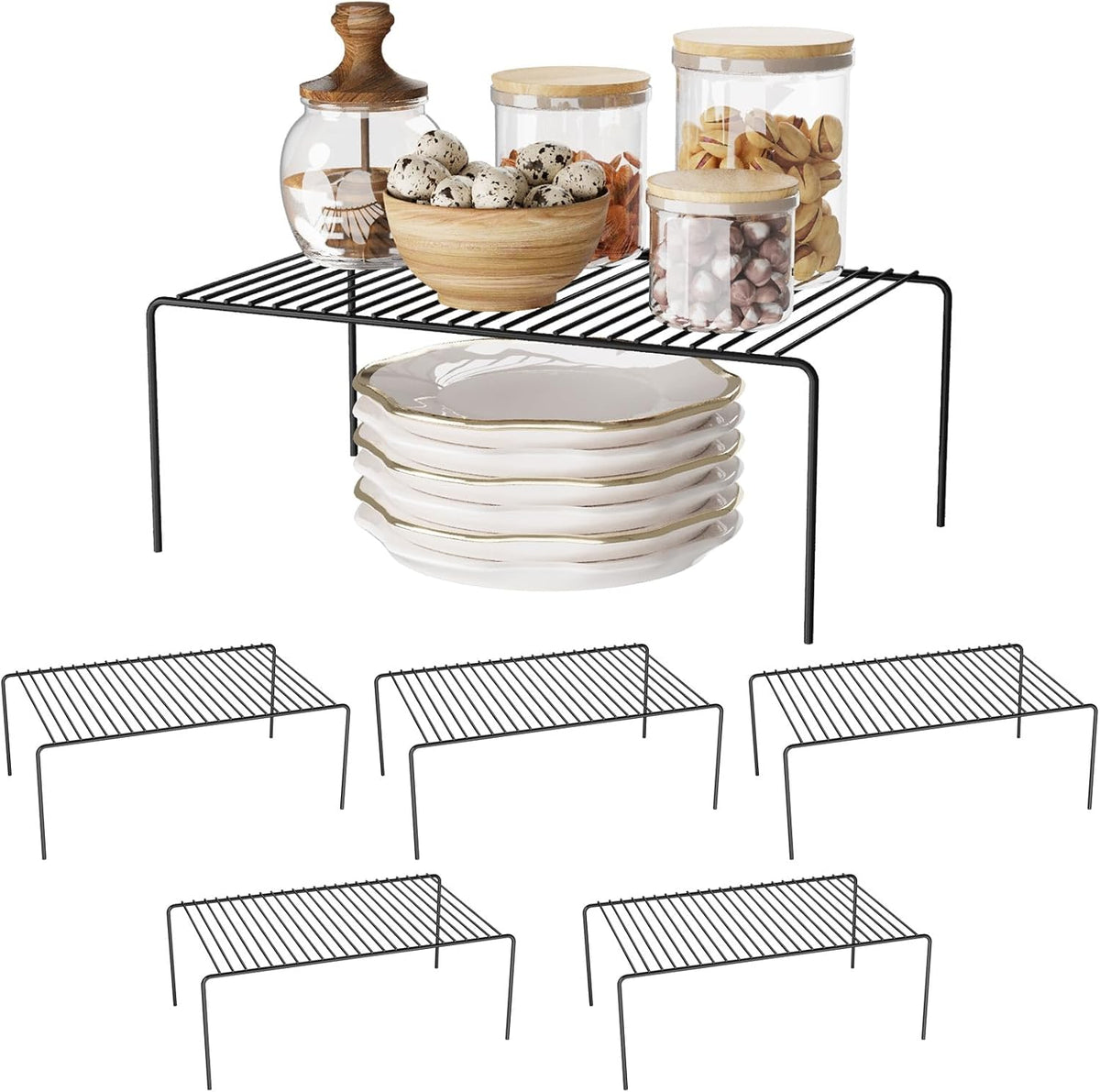 Medium(13 x 9.4 inch)Black Cabinet Storage Shelf Rack Set of 6, Rustproof Metal Wire Kitchen Counter Organizers and Storage, Spice Organization for Cabinet, Plate, Dish, Pantry, Bathroom, Fridge