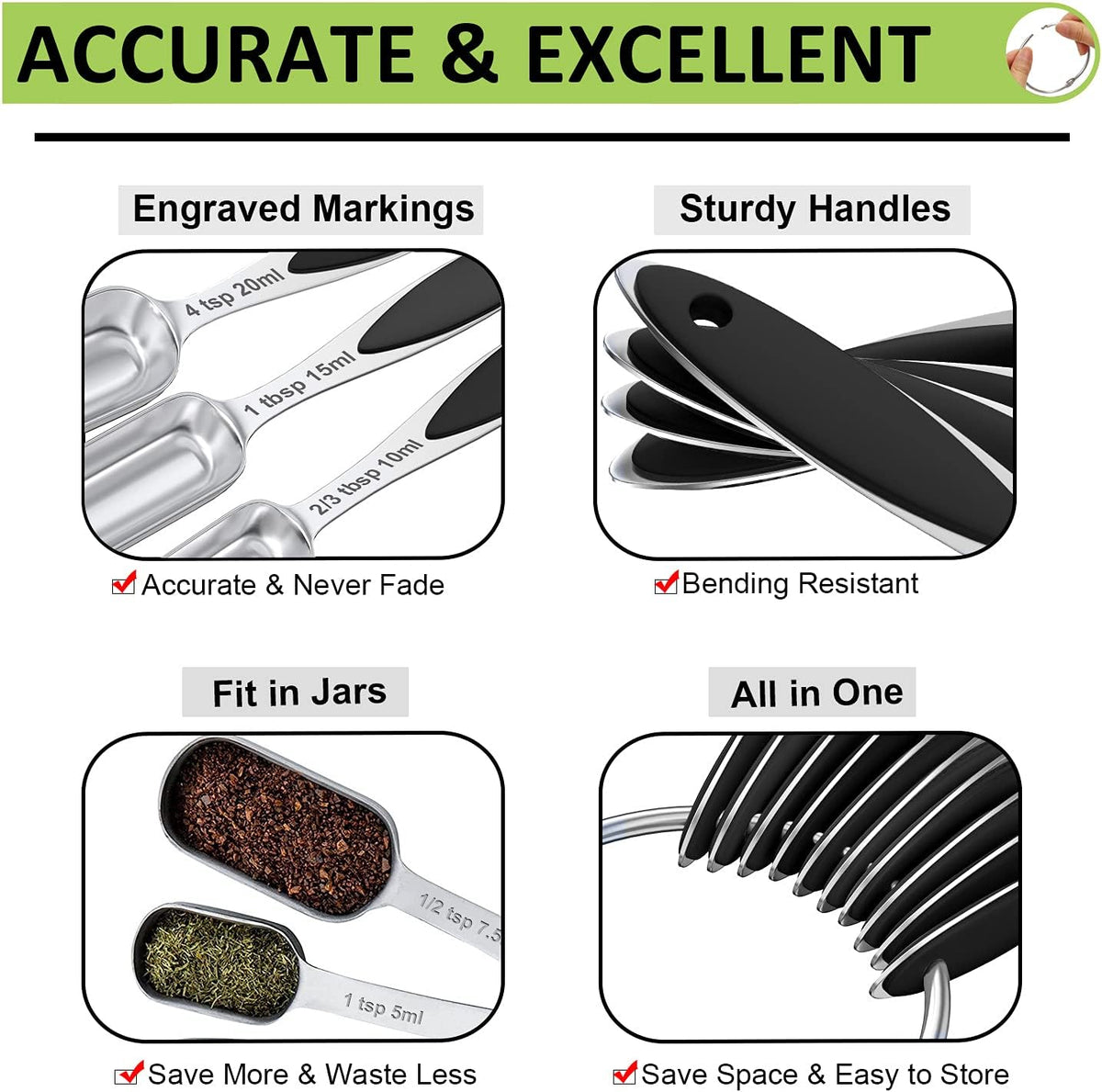 Measuring Cups and Spoons - Wildone Stainless Steel 20 Piece Stackable Set, Includes 8 Black Measuring Cups, 10 Measuring Spoons, 1 Leveler & 1 Whisk, for Dry and Liquid Ingredient
