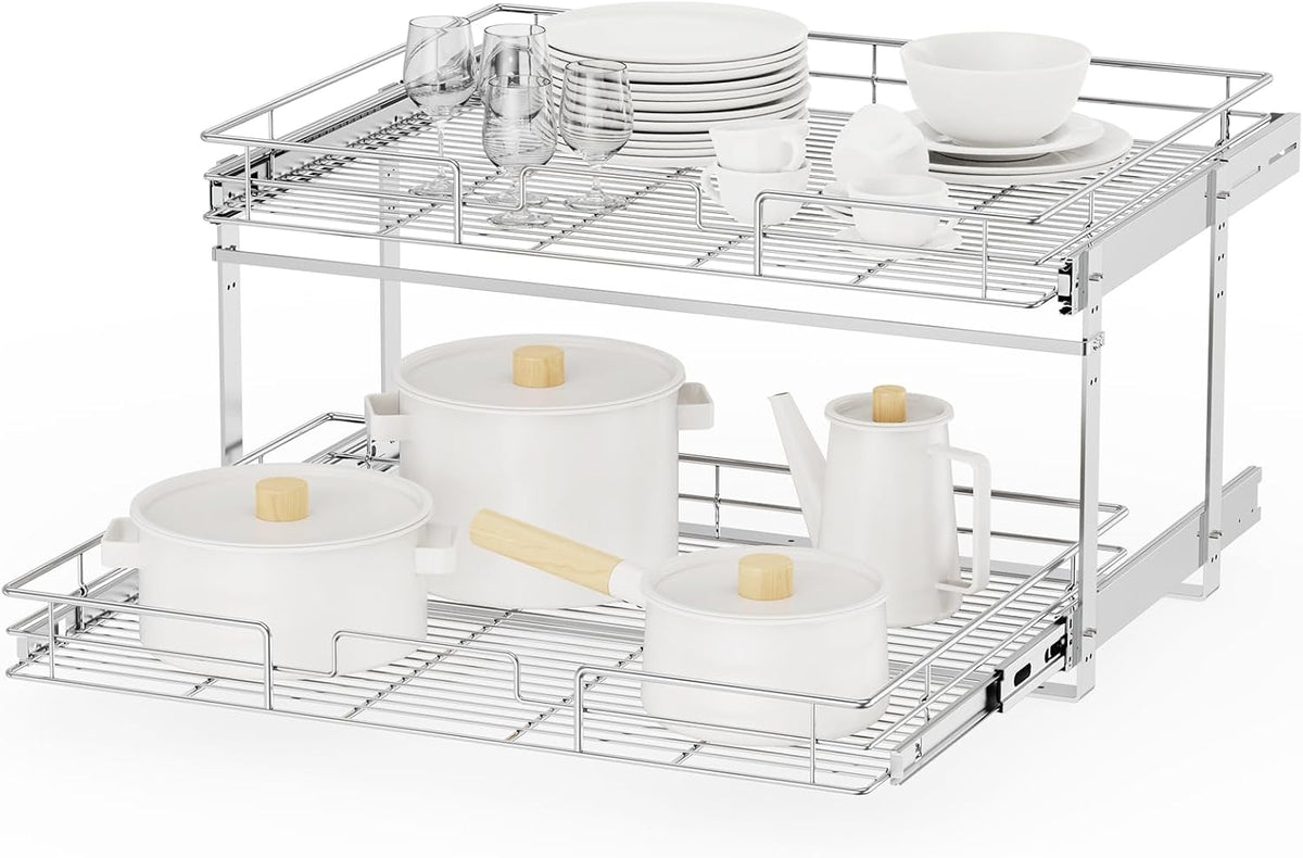 ROOMTEC Individual Pull Out Cabinet Organizer (30" W x 21½" D), 2 Tier Spice Rack Organizer for Cabinet, Slide Out Drawer Pantry Shelf Organization and Storage for Kitchen Bathroom
