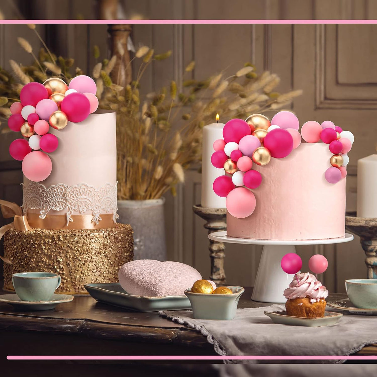 108 Pcs Balls Cake Topper DIY Cupcake Insert Foam Balloons for Cake Baking Wedding Anniversary Birthday Decoration(Pink Series, White, Gold,Multi Sizes)
